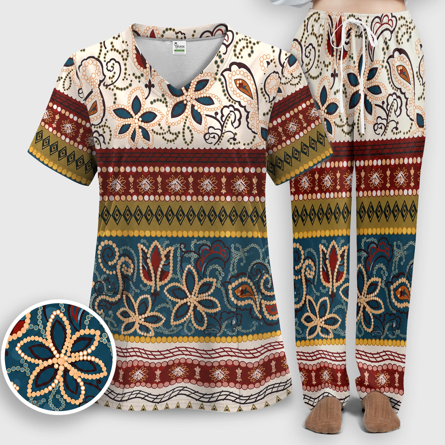 Boho Paisley Floral Stripe Pattern Scrub Set, Scrub Pants and V Neck Top
