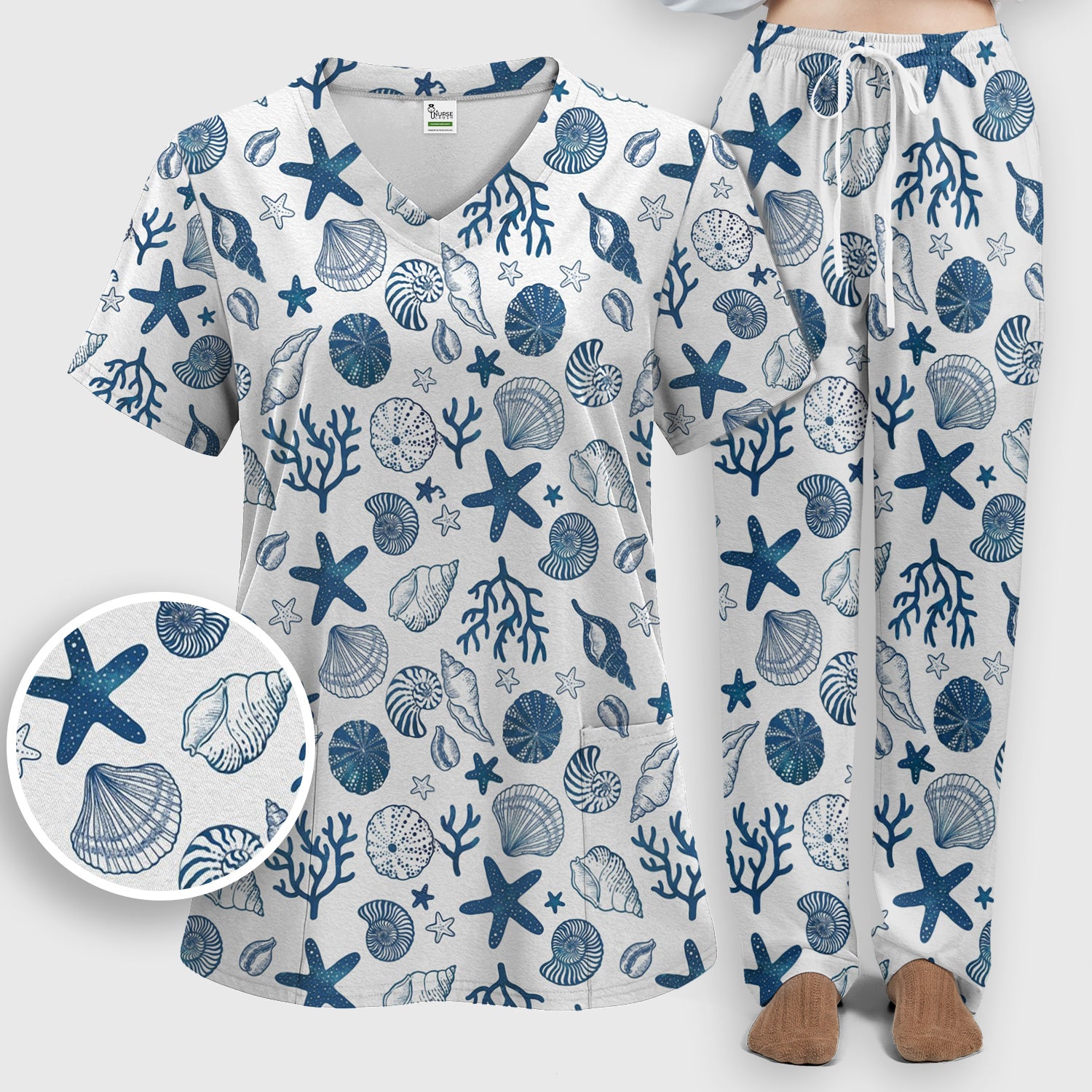 Cute Ocean Shell Starfish Pattern Scrub Set, Scrub Pants and V Neck Top