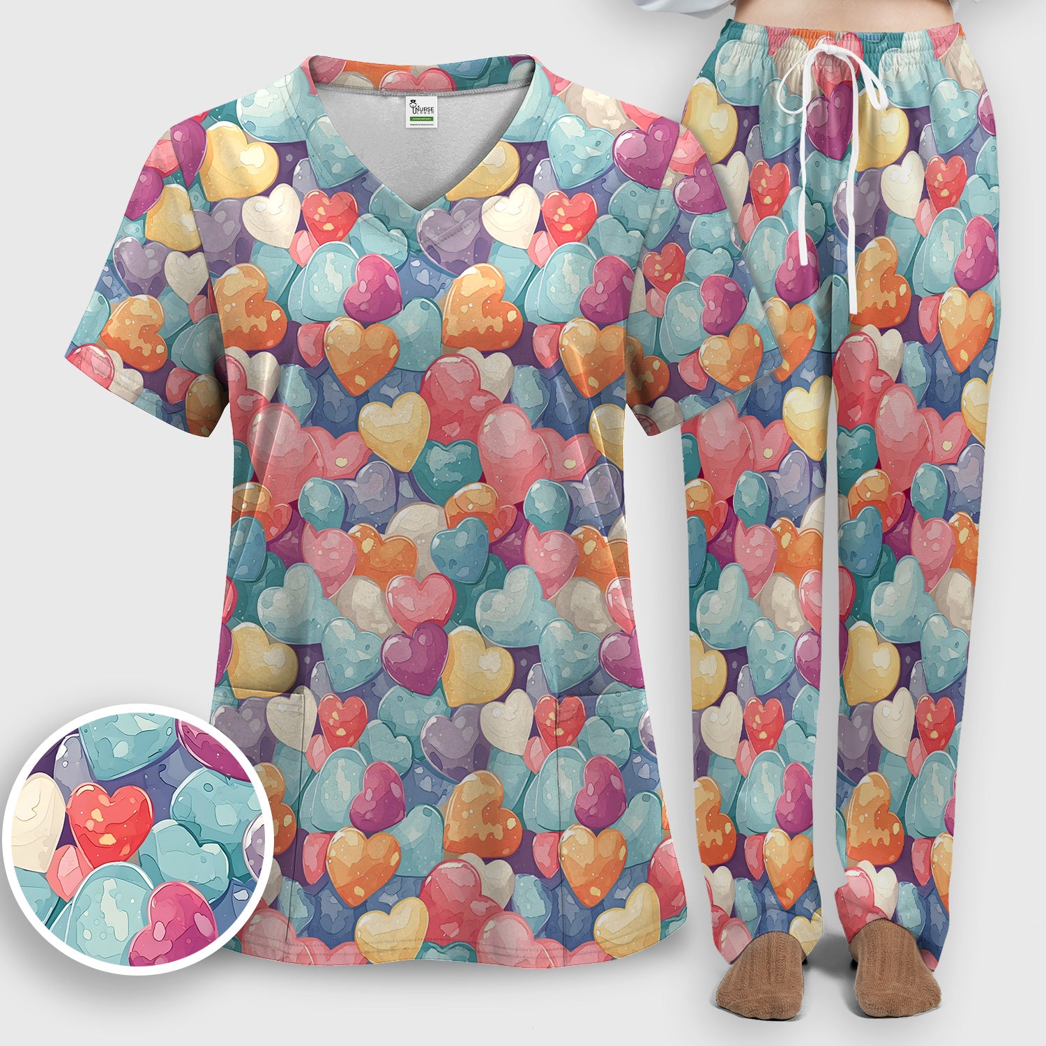 Sweet Valentine Heart Pediatric Pattern Scrub Set, Scrub Pants and V Neck Top