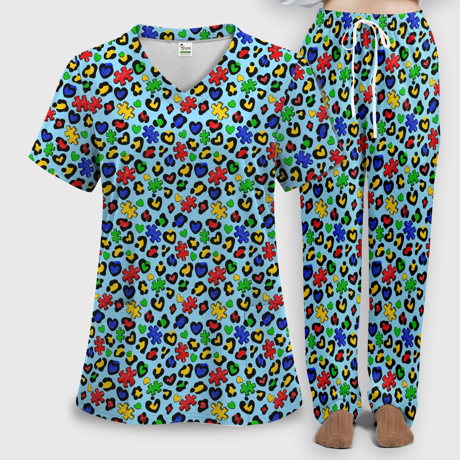 Puzzle Piece Heart Pattern Scrub Set, V Neck Top with Matching Scrub Pants