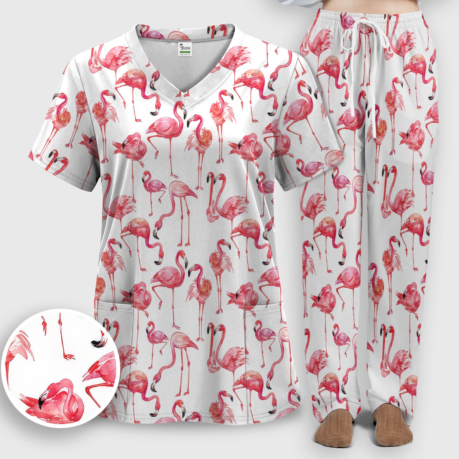 Pink Flamingo Tropical Bird Pattern Nurse Scrub Set, Scrub Pants and V Neck Top