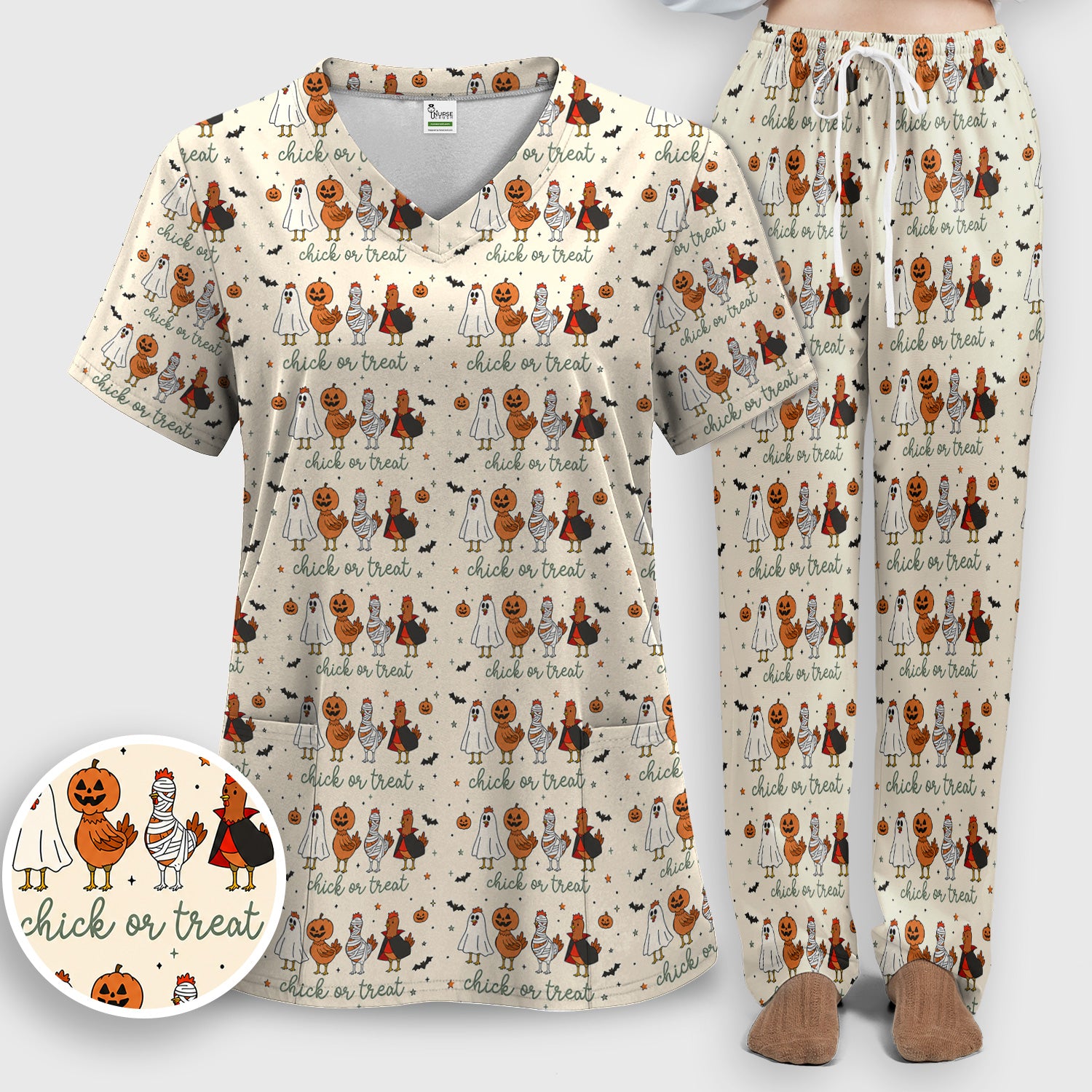 Funny Chick Or Treat Season Scrub Set, Scrub Pants and V Neck Top