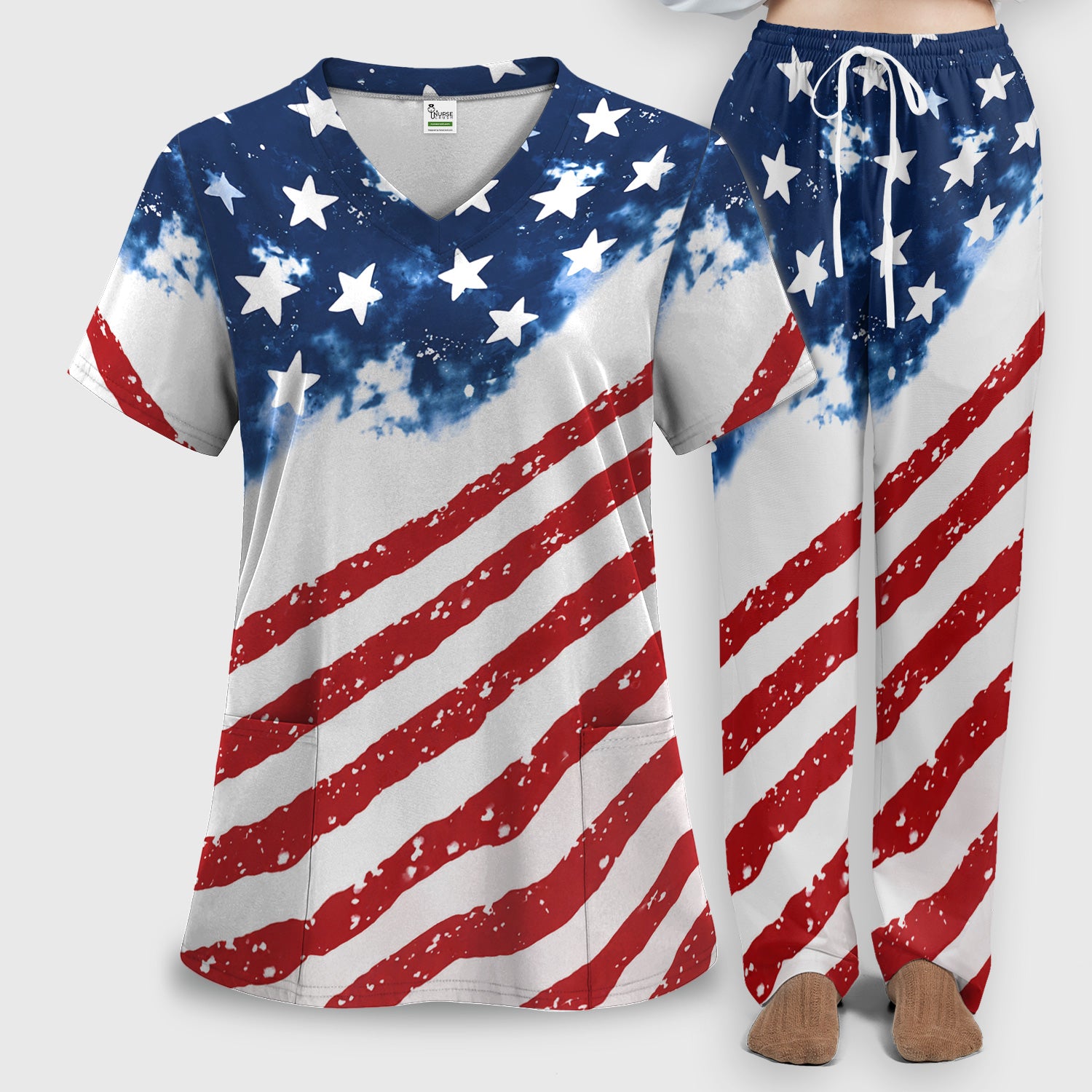 USA Stars And Stripes Pattern Scrub Set, Scrub Pants and V Neck Top