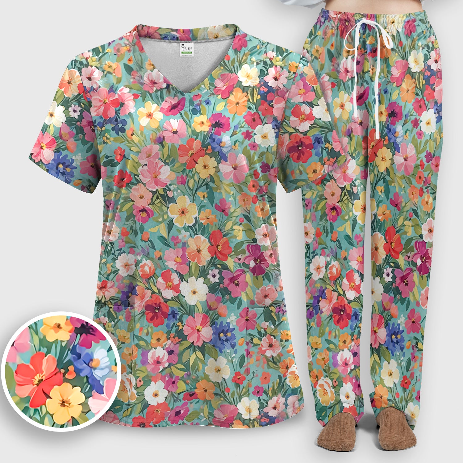 Colorful Wildflower Garden Bloom Scrub Set, Scrub Pants and V Neck Top