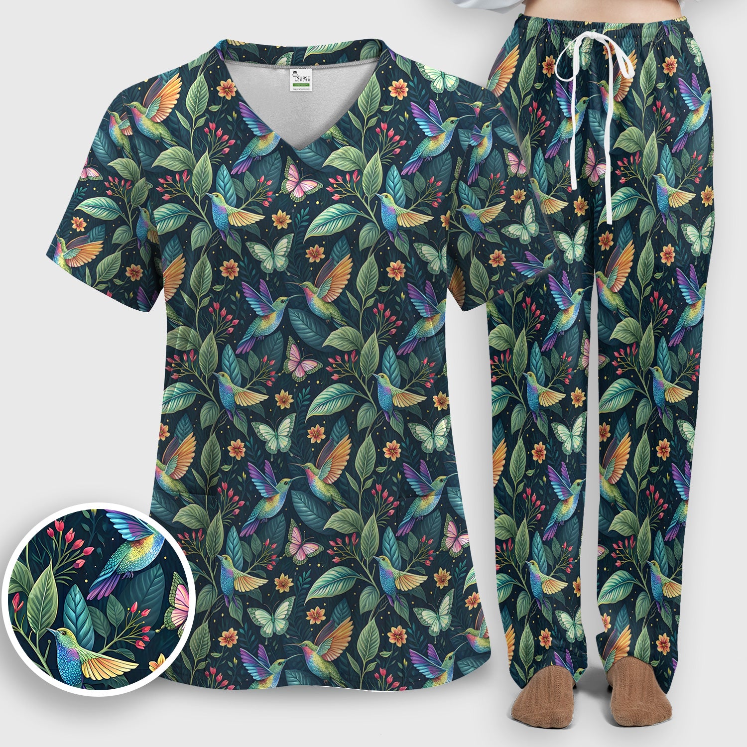 Vibrant Hummingbird Garden Nurse for RN, CNA, Botanical Medical Scrub Set, Scrub Pants and V Neck Top