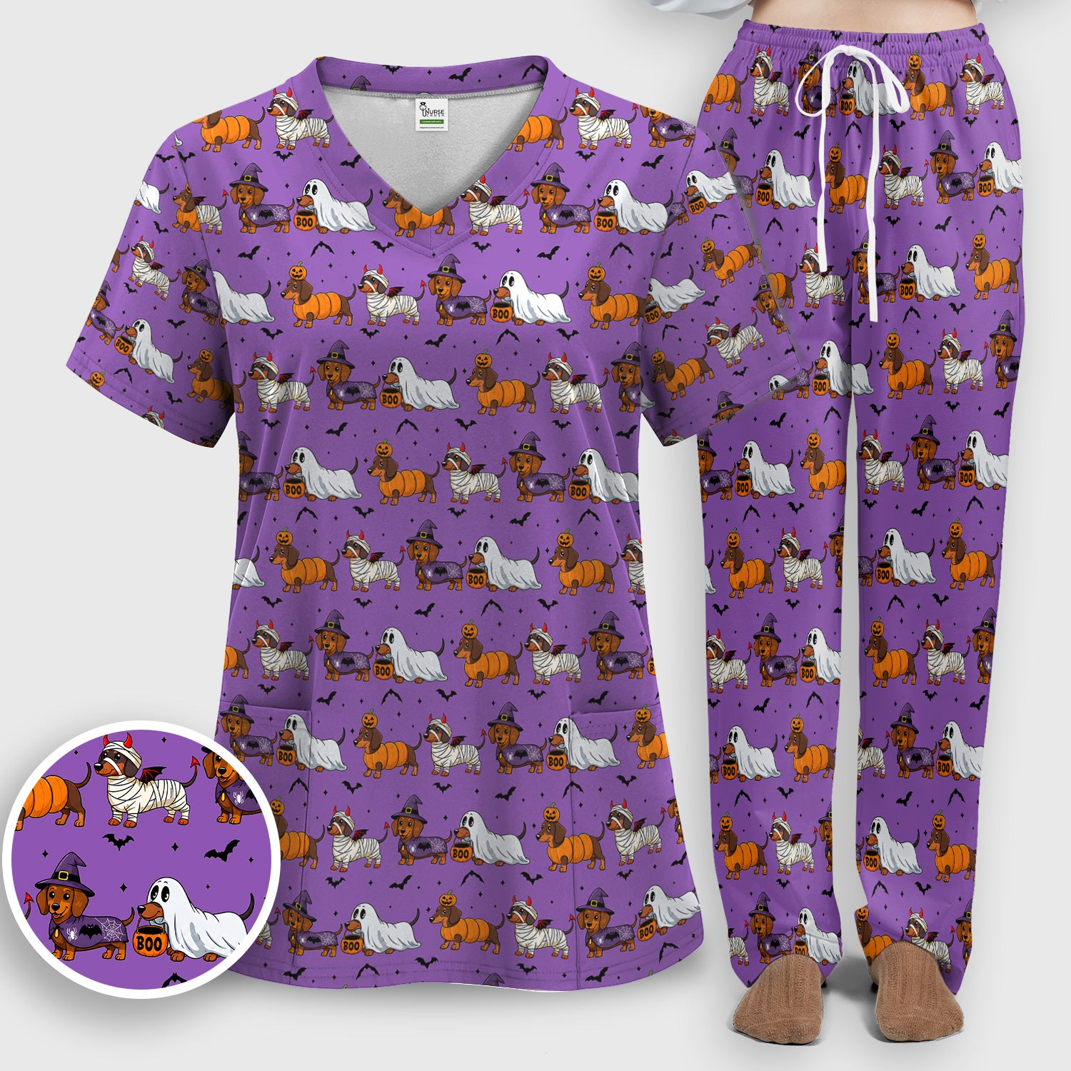 Halloween Dachshund for Veterinary Staff Scrub Set, Scrub Pants and V Neck Top
