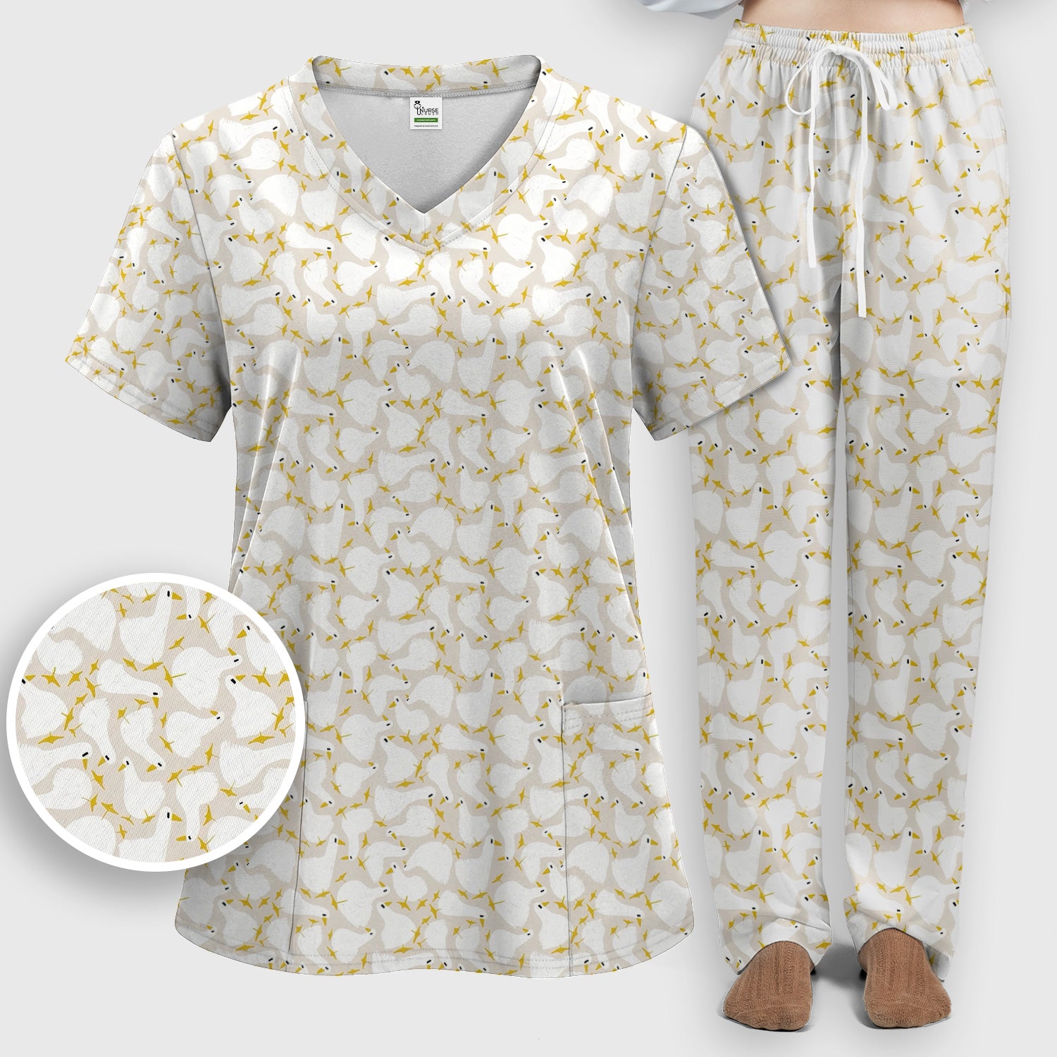 Cute White Goose Yellow Star Pattern Scrub Set, Scrub Pants and V Neck Top