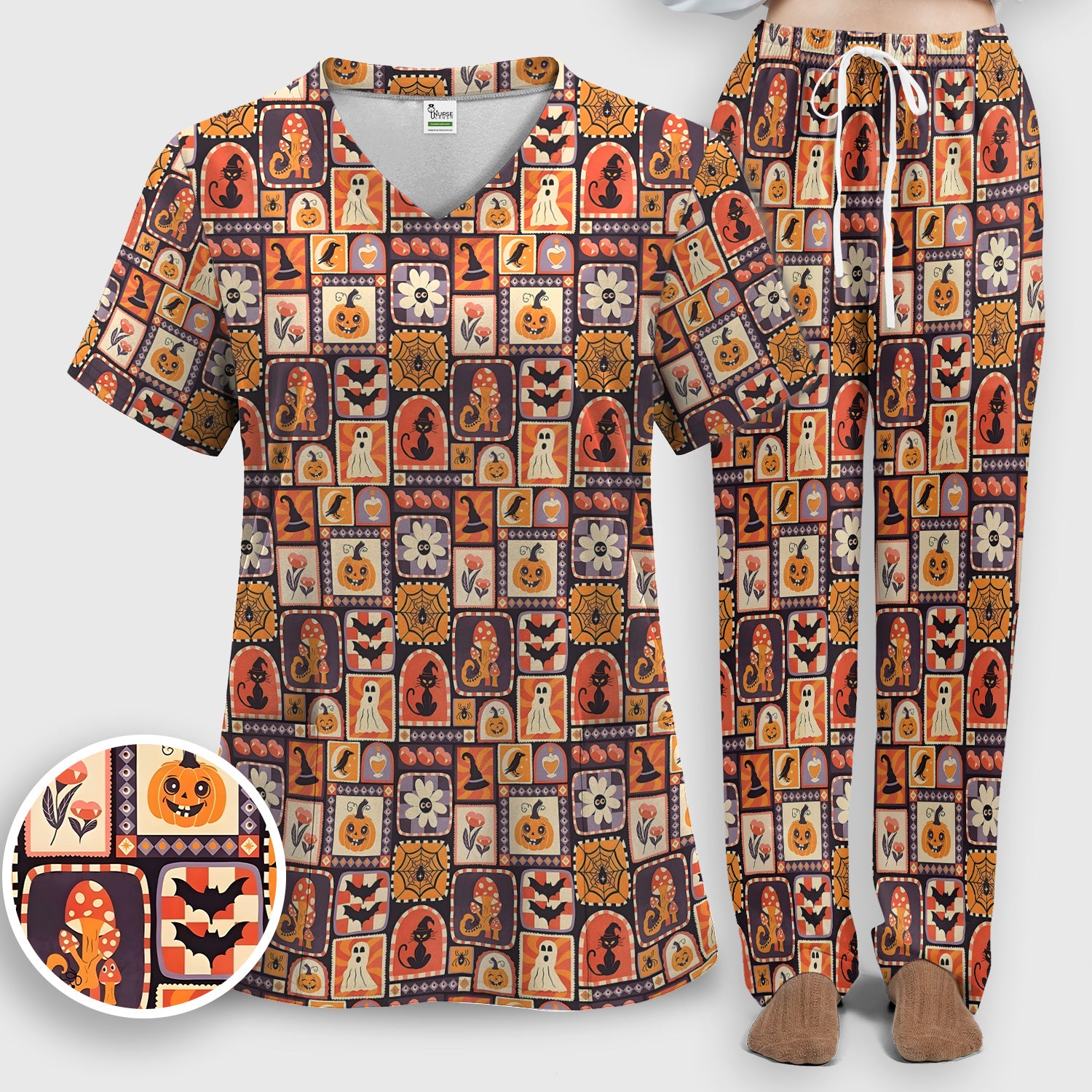 Retro Halloween Patchwork Icons Scrub Set, Scrub Pants and V Neck Top
