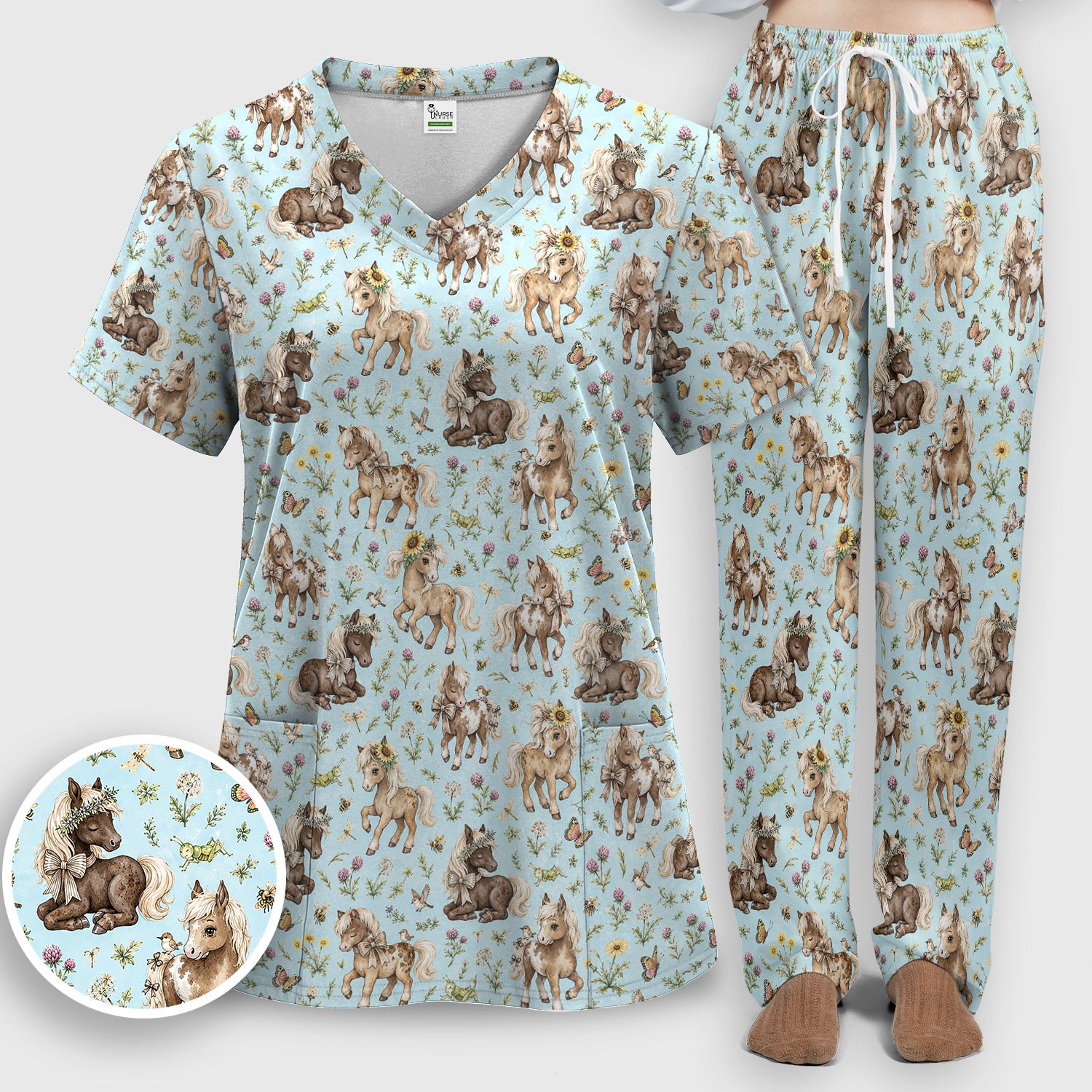 Cute Pony Garden with Butterfly Floral Meadow Print Scrub Set, Scrub Pants and V Neck Top