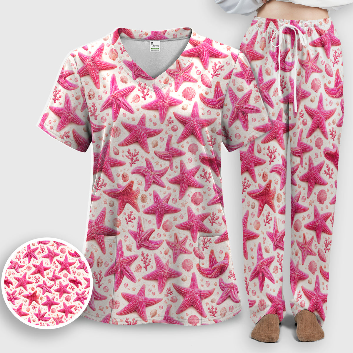 Pink Starfish And Seashell Pattern Scrub Set, Scrub Pants and V Neck Top