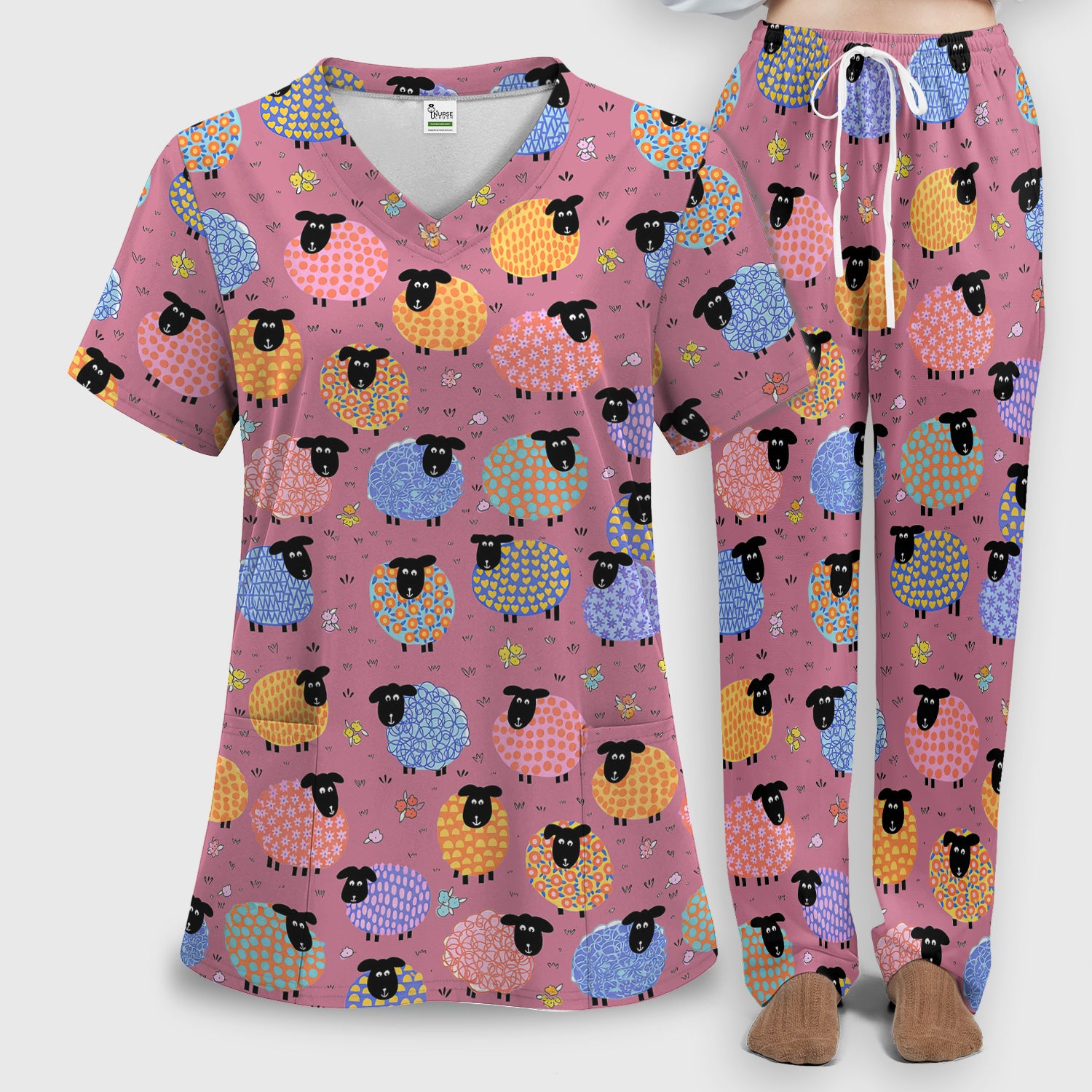 Funny Colorful Sheep Pattern Scrub Set, Scrub Pants and V Neck Top