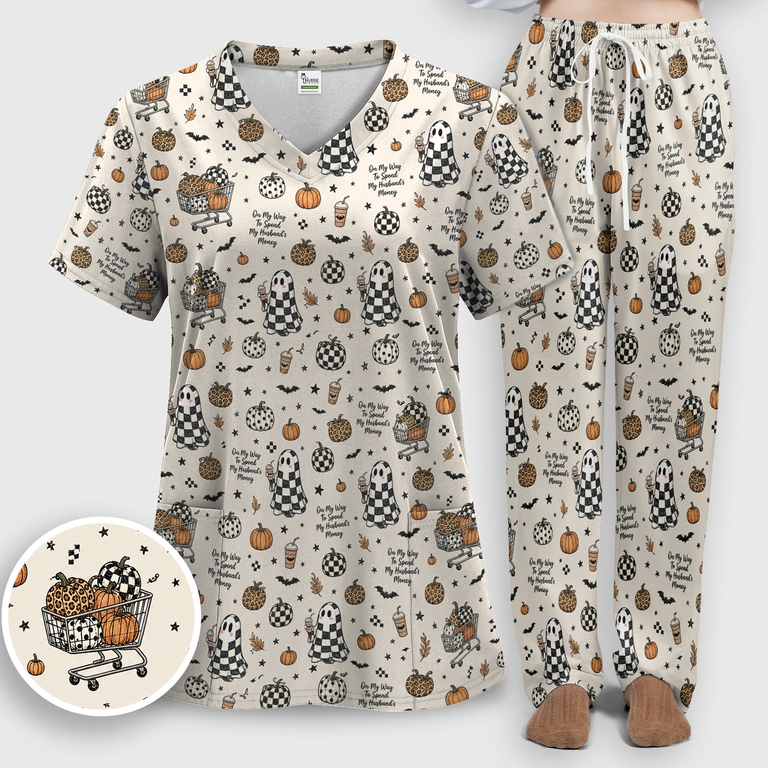 Halloween On My Way To Spend My Husband's Money Scrub Set, Scrub Pants and V Neck Top