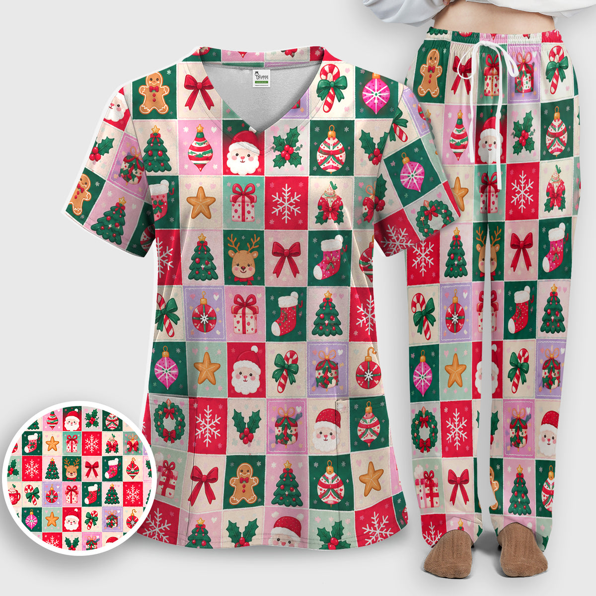 Cute Christmas Santa Patchwork Scrub Set, Scrub Pants and V Neck Top