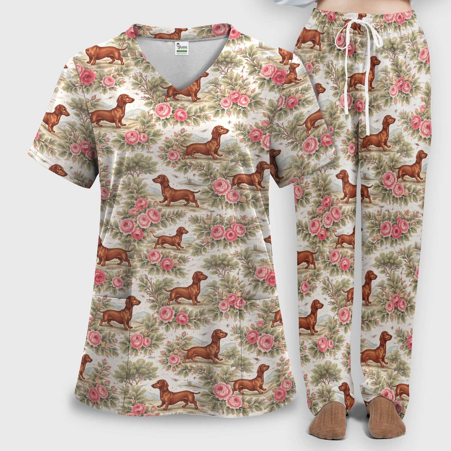 Vintage Dachshund Rose Floral Pattern Scrub Set, Scrub Pants and V Neck Top