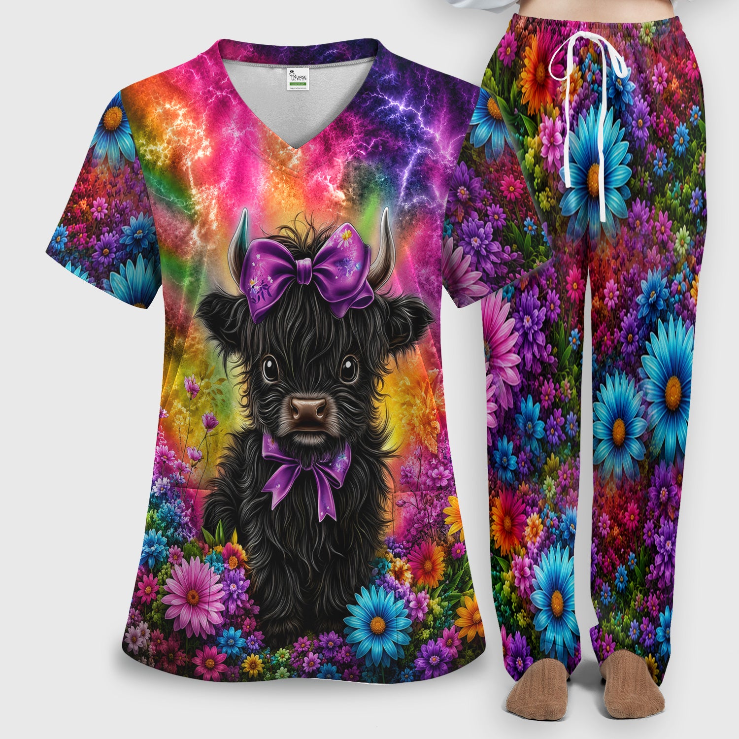 Cute Highland Cow Rainbow Floral Pattern Scrub Set, Scrub Pants and V Neck Top
