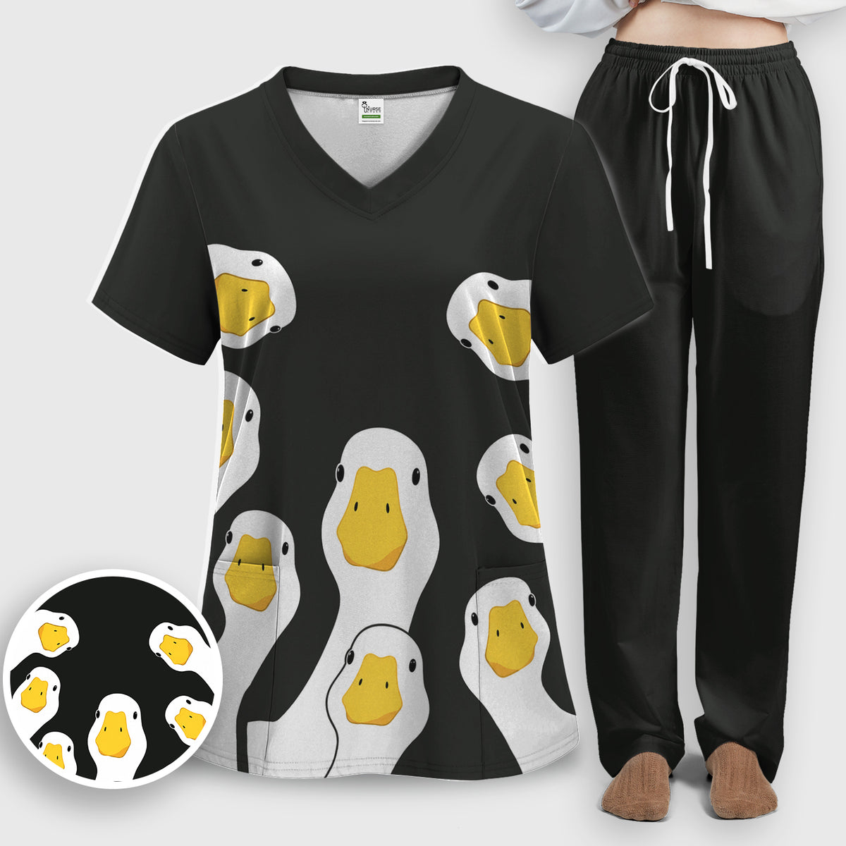 Funny Peekaboo Goose Faces Scrub Set, Scrub Pants and V Neck Top