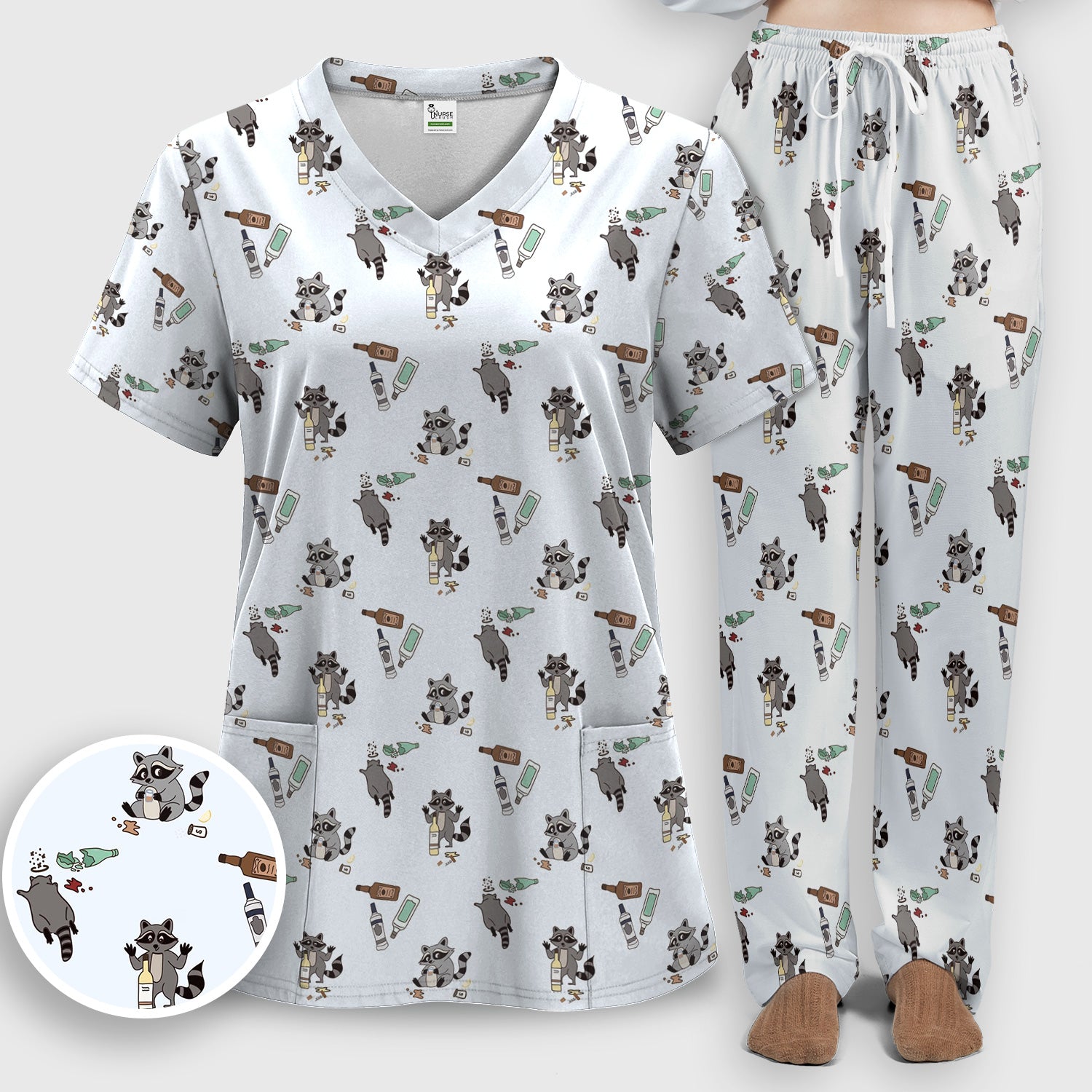 Messy Drunk Raccoon Pattern Scrub Set, Scrub Pants and V Neck Top