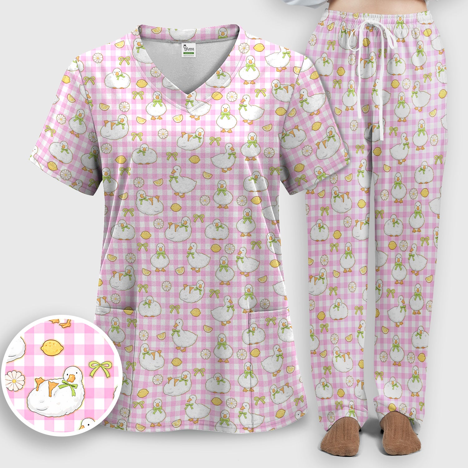 Adorable Ducks Lemon Daisy Pattern Scrubs Sets, Scrub Pants and V Neck Top