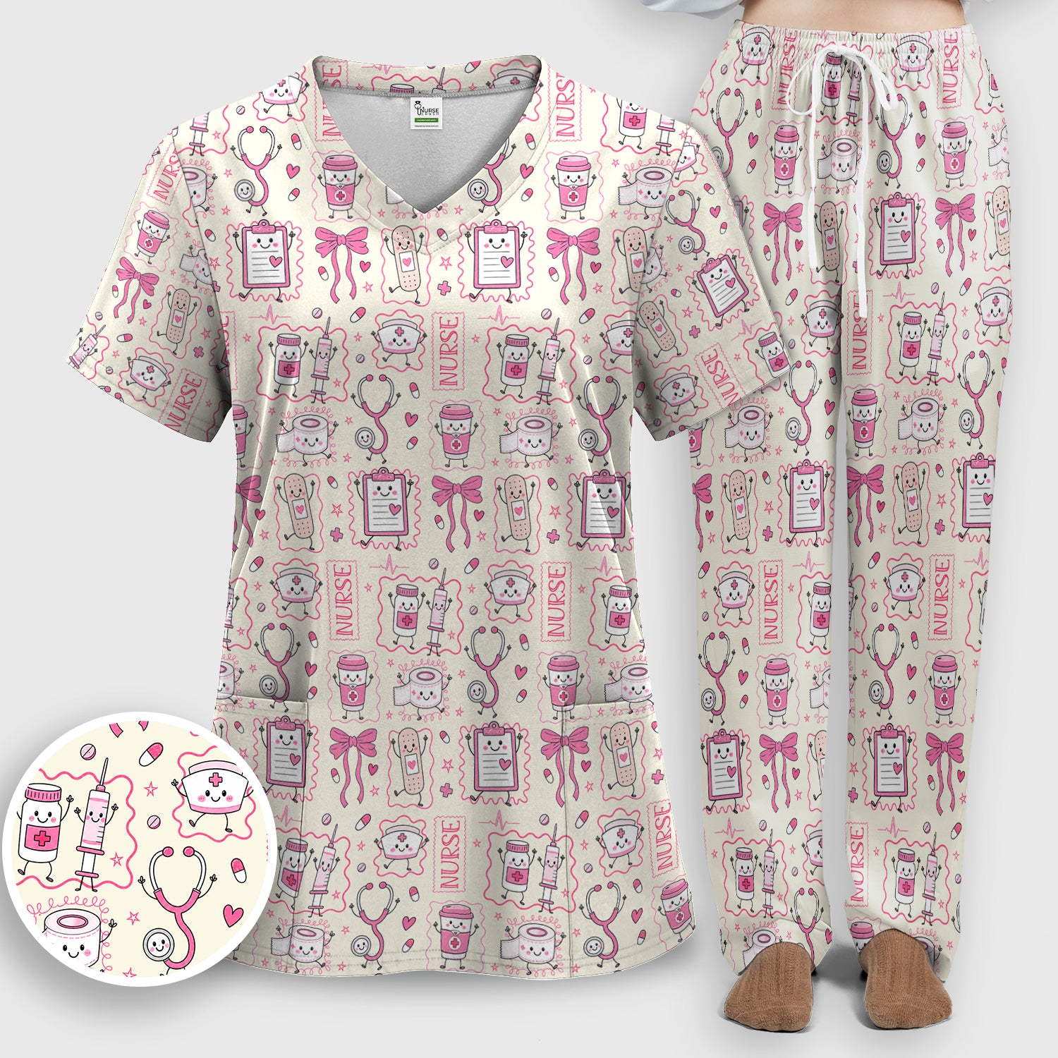 Cute Nurse Doodle with Bandage & Coffee Icons Scrub Set, Scrub Pants and V Neck Top