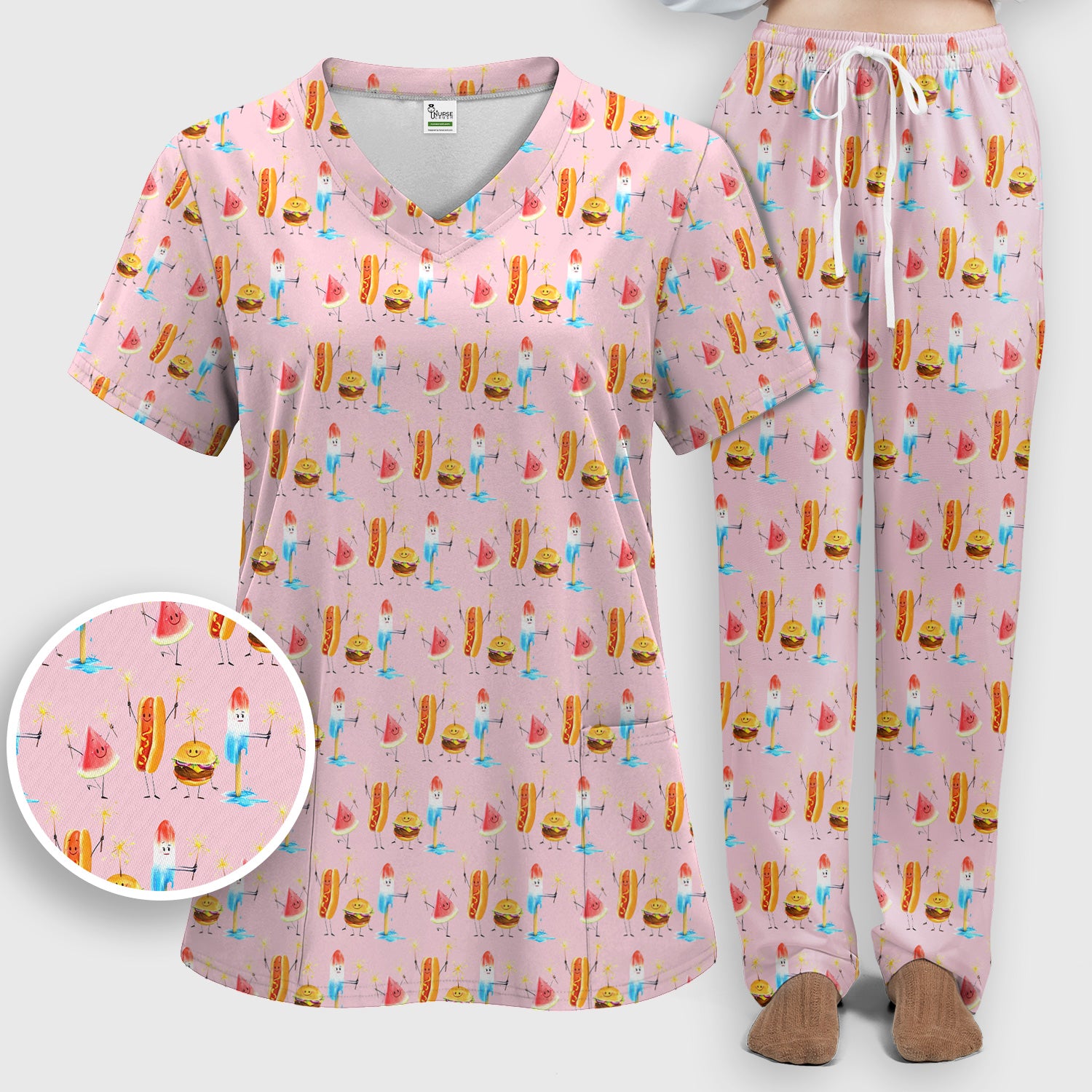 Funny Summer Food Icons Pattern Scrub Set, Breathable Fabrics Nursing Uniform