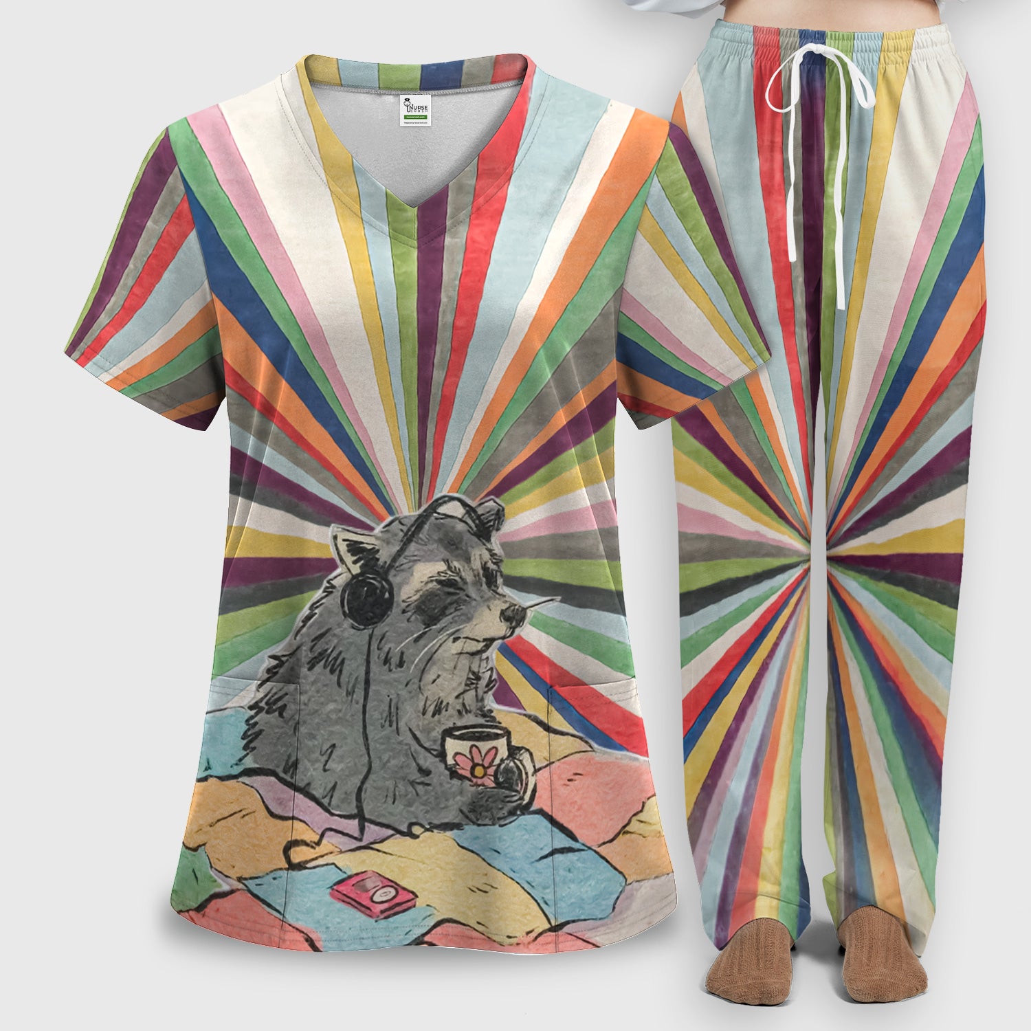 Chill Raccoon Rainbow Music Pattern Scrub Set, Scrub Pants and V Neck Top