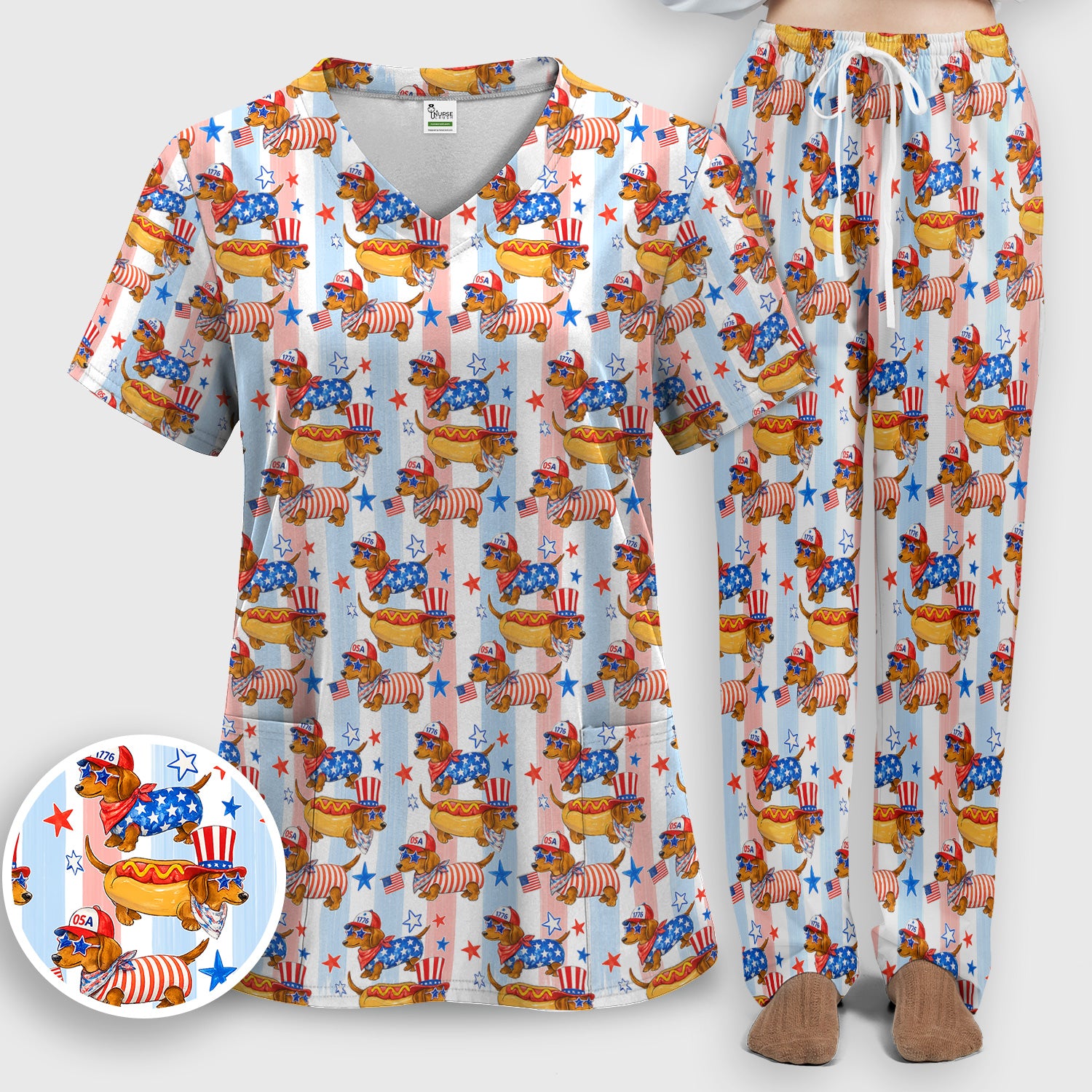 Fourth Of July Dachshund Pattern Scrub Set, Scrub Pants and V Neck Top