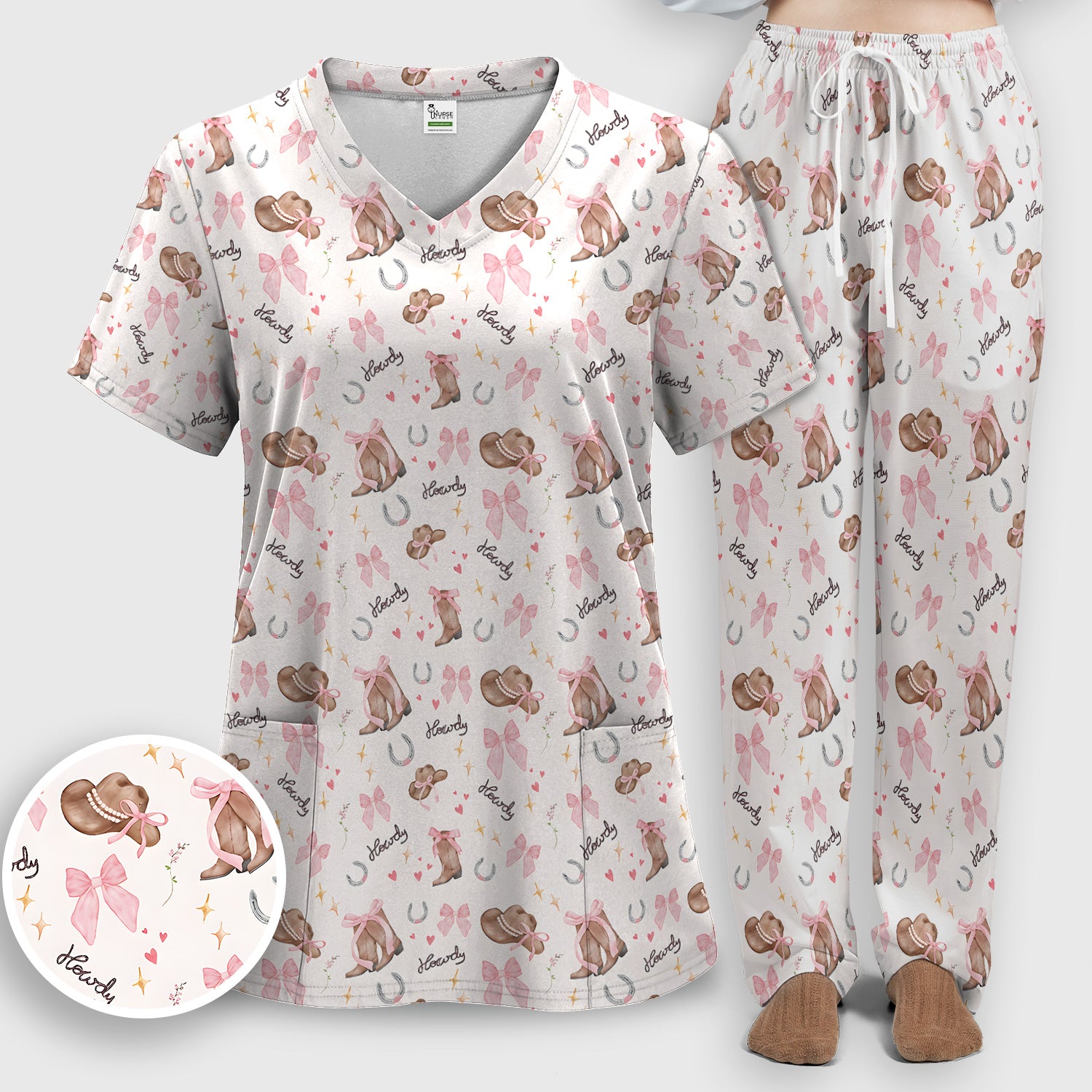 Cute Pink Cowgirl Boots Pattern Scrub Set, Scrub Pants and V Neck Top