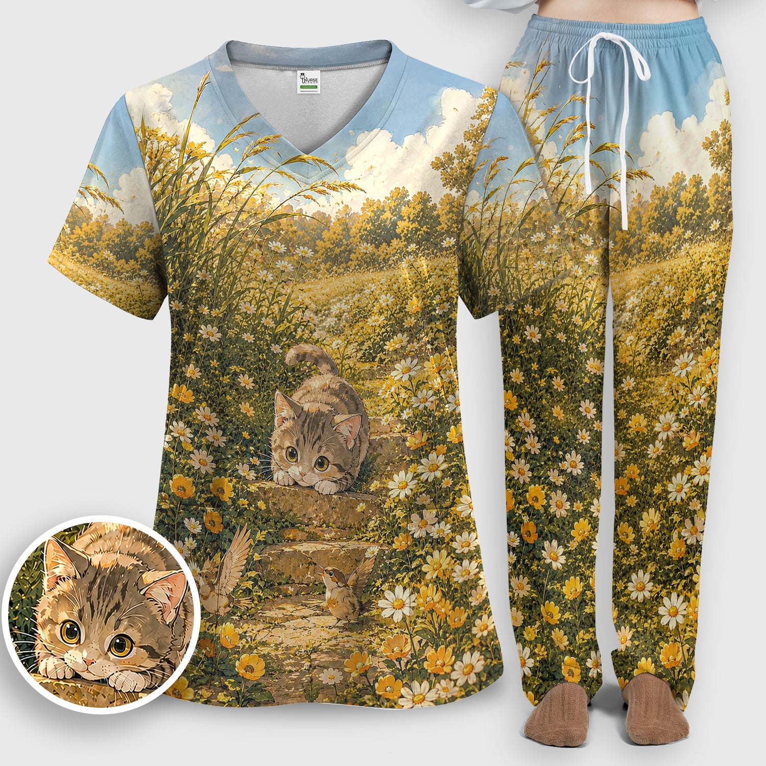 Sunny Garden Cat Nurse Pattern, Floral Medical Scrub Set, Scrub Pants and V Neck Top