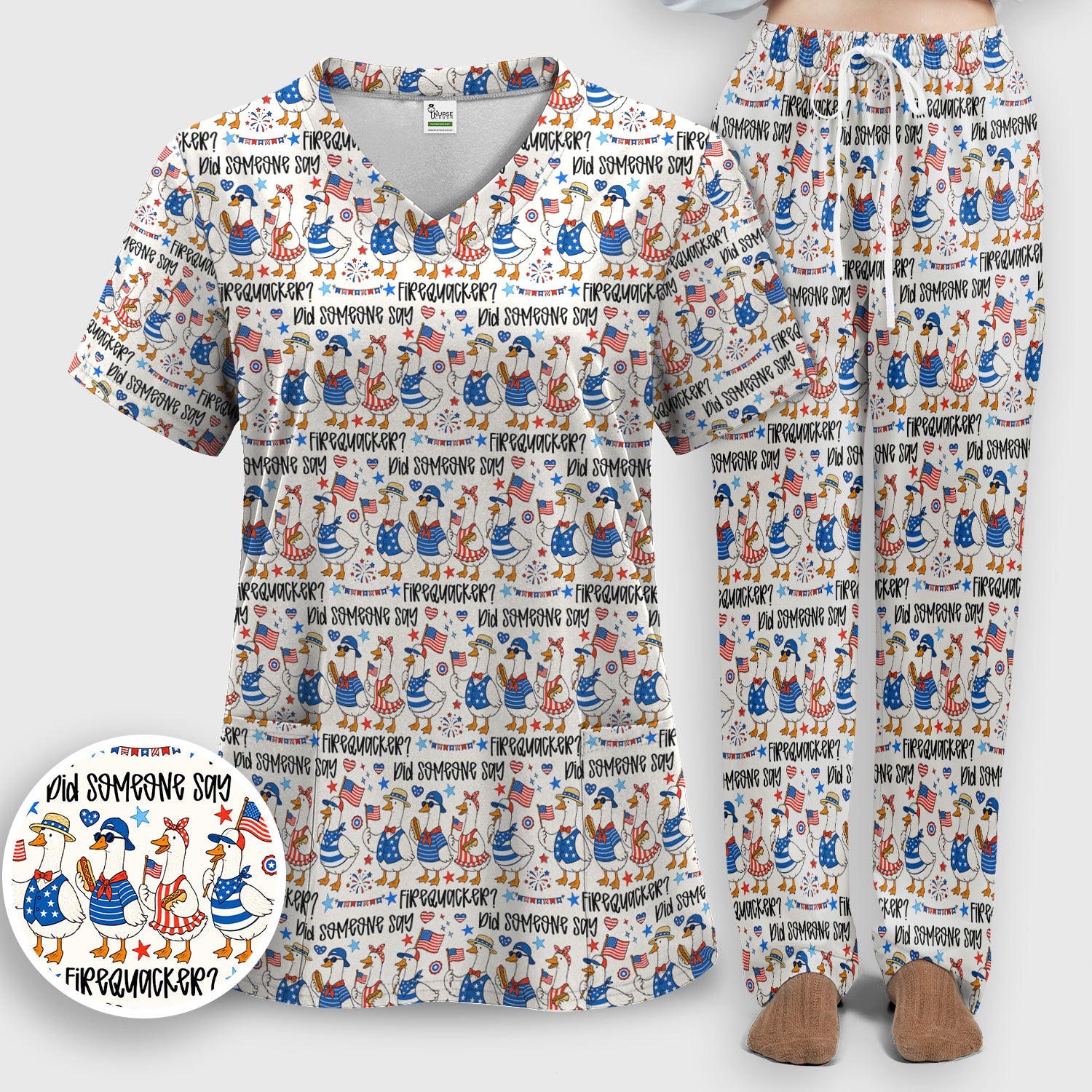 Funny Patriotic Goose Pattern Scrub Set, Scrub Pants and V Neck Top