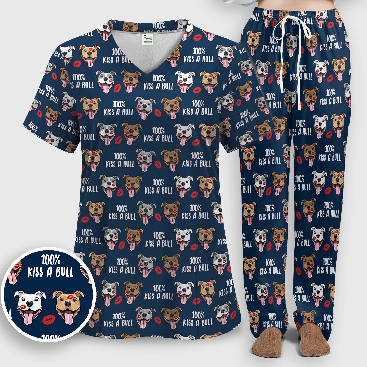 Kiss A Bull Pitbull Print Scrub Set, Scrub Pants and V Neck Top
