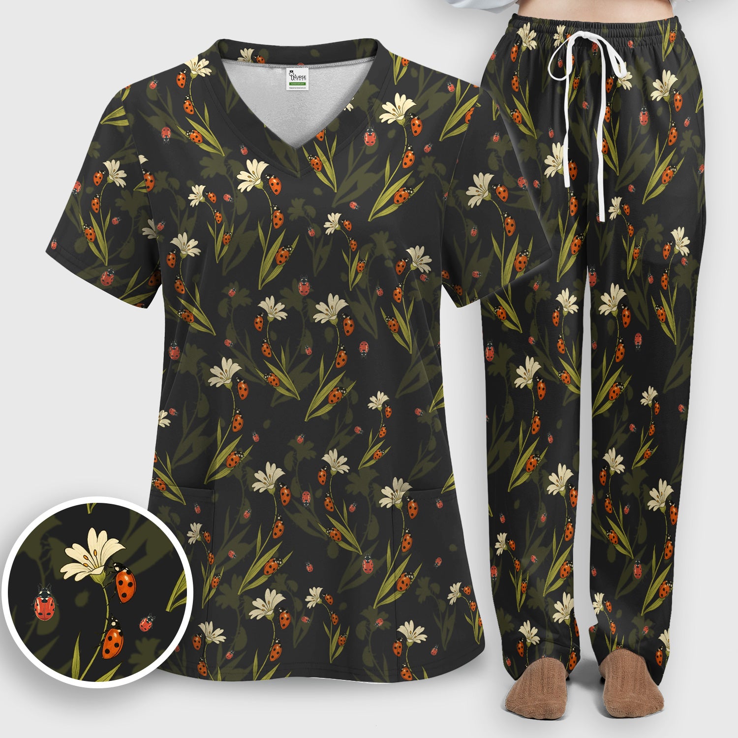 Fresh Daisy Ladybug Garden Pattern Scrub Set, Nurse Uniform Scrubs Set