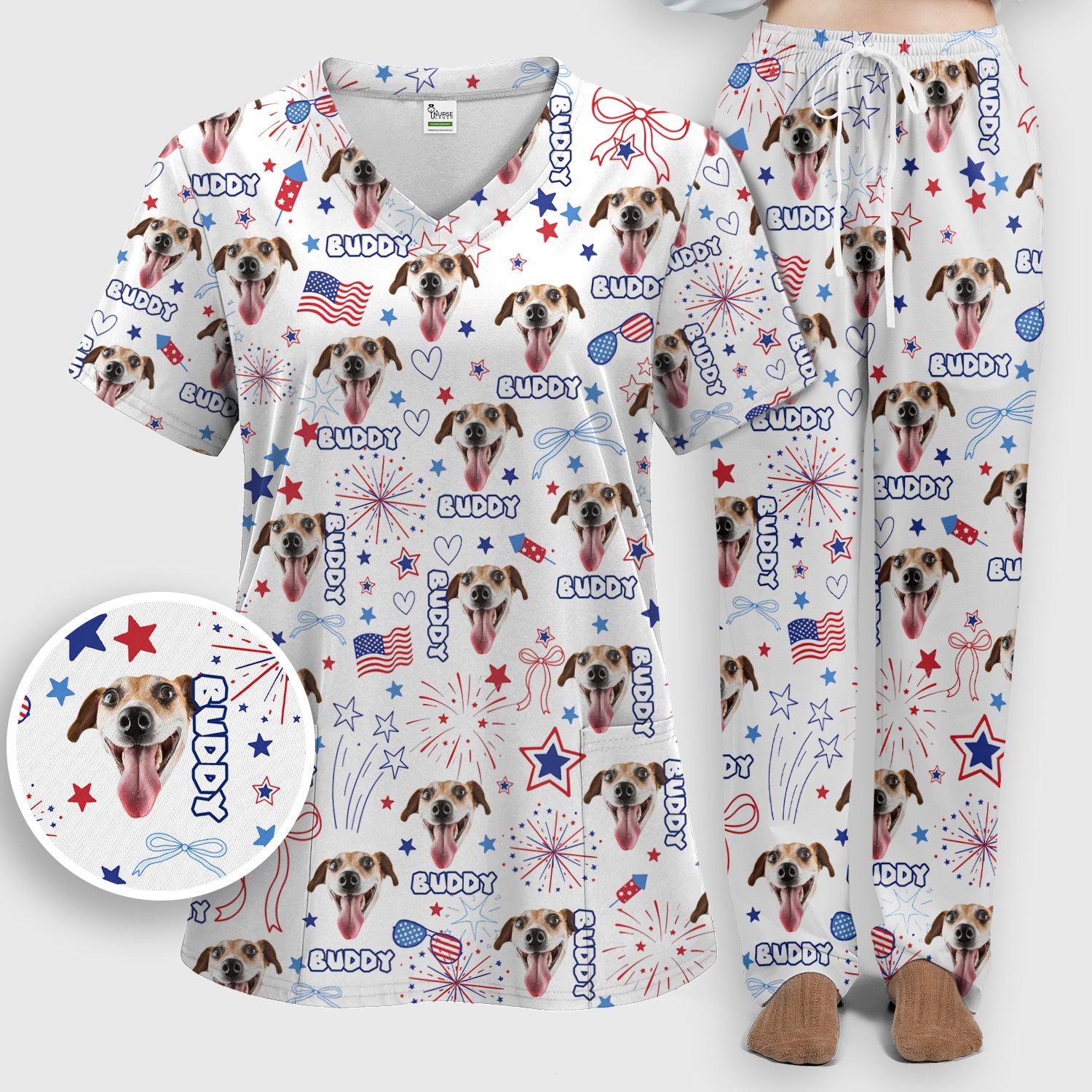 Personalized Patriotic Dog Face Name Pattern Scrub Set, Scrub Pants and V Neck Top