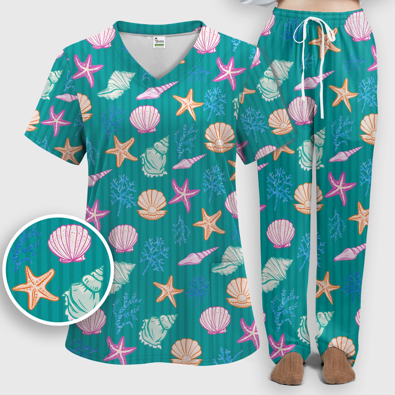 Colorful Seashell Starfish Ocean Stripe Pattern Scrub Set, Women's Scrub Sets