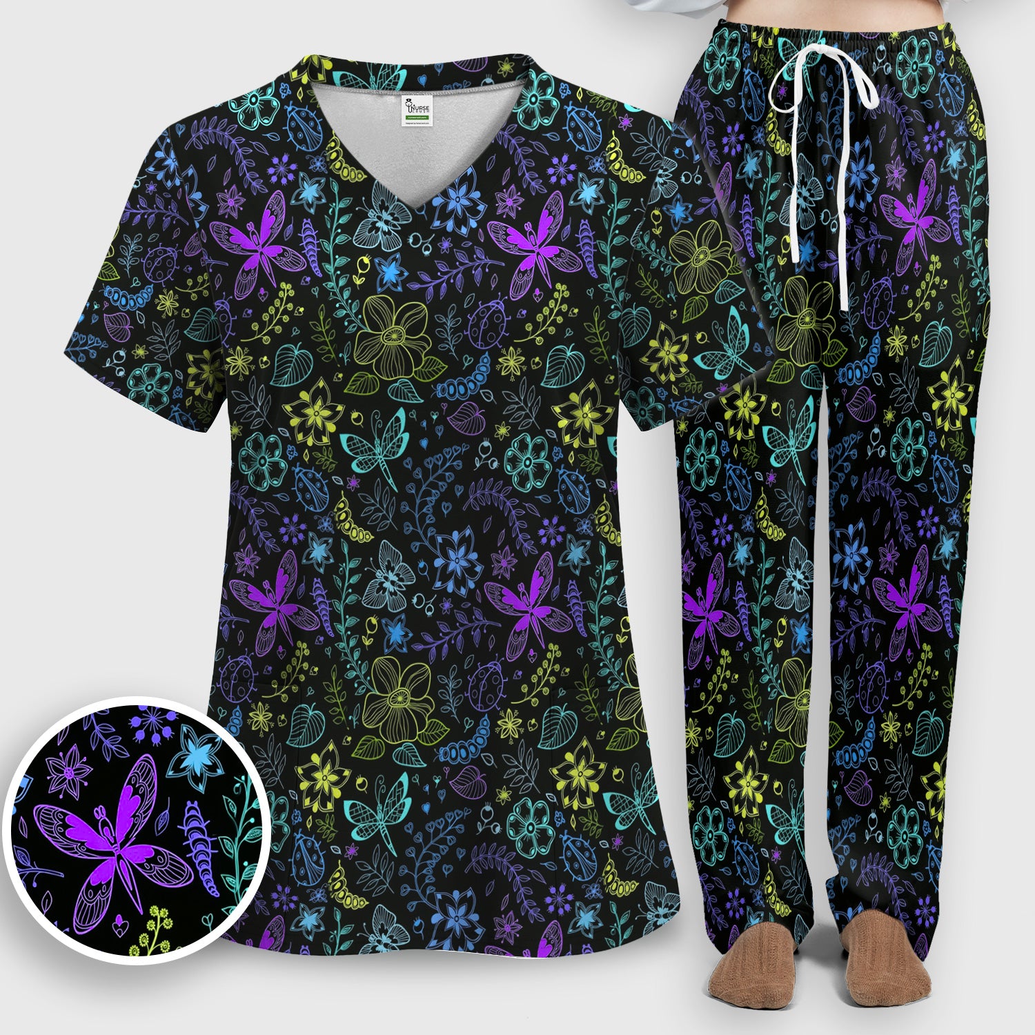 Neon Butterfly and Floral Garden Pattern Scrub Set, Scrub Pants and V Neck Top