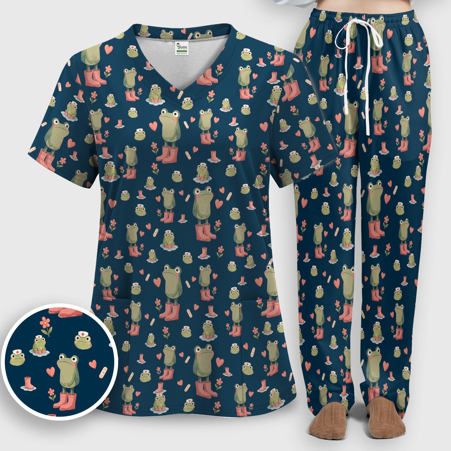 Adorable Frog Boots Heart Pattern Scrub Set, Nurse Uniform Scrubs Set