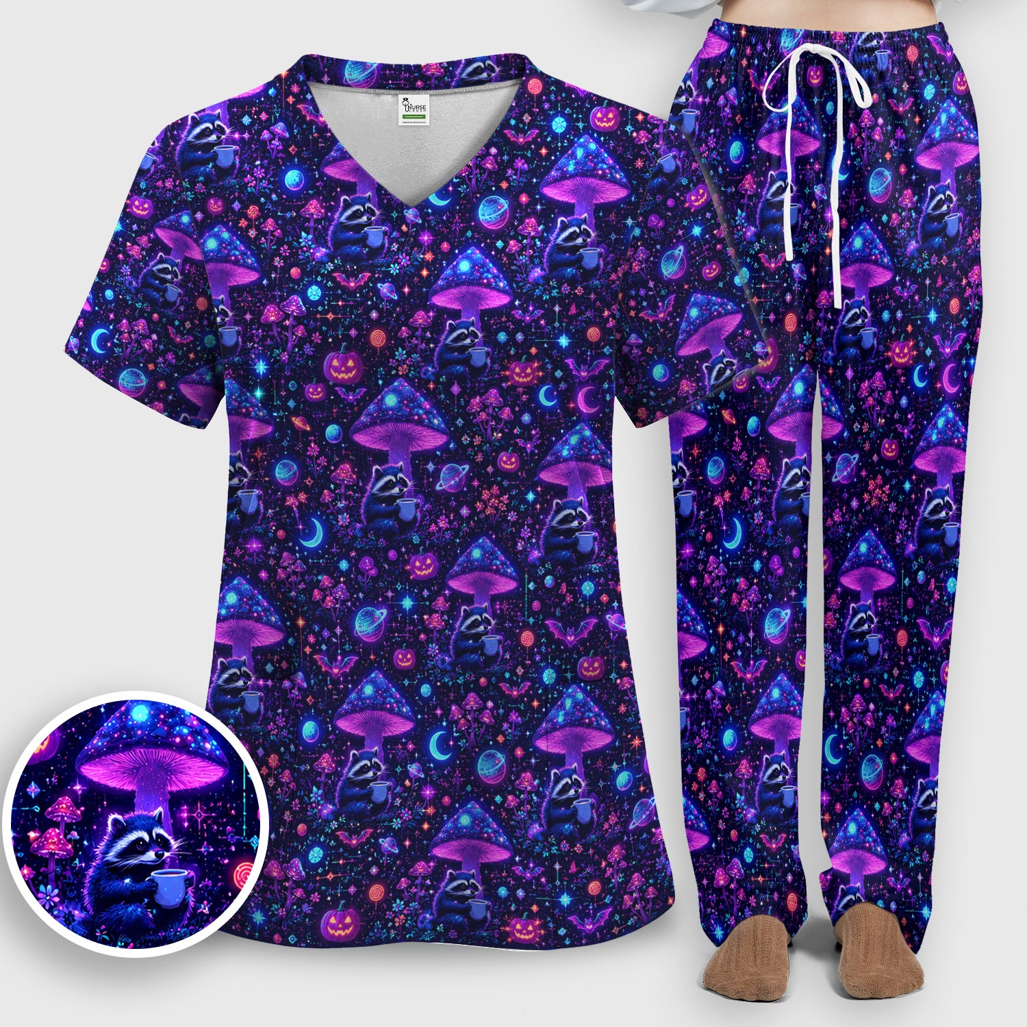 Halloween Raccoon And Mushrooms Scrub Set, Scrub Pants and V Neck Top