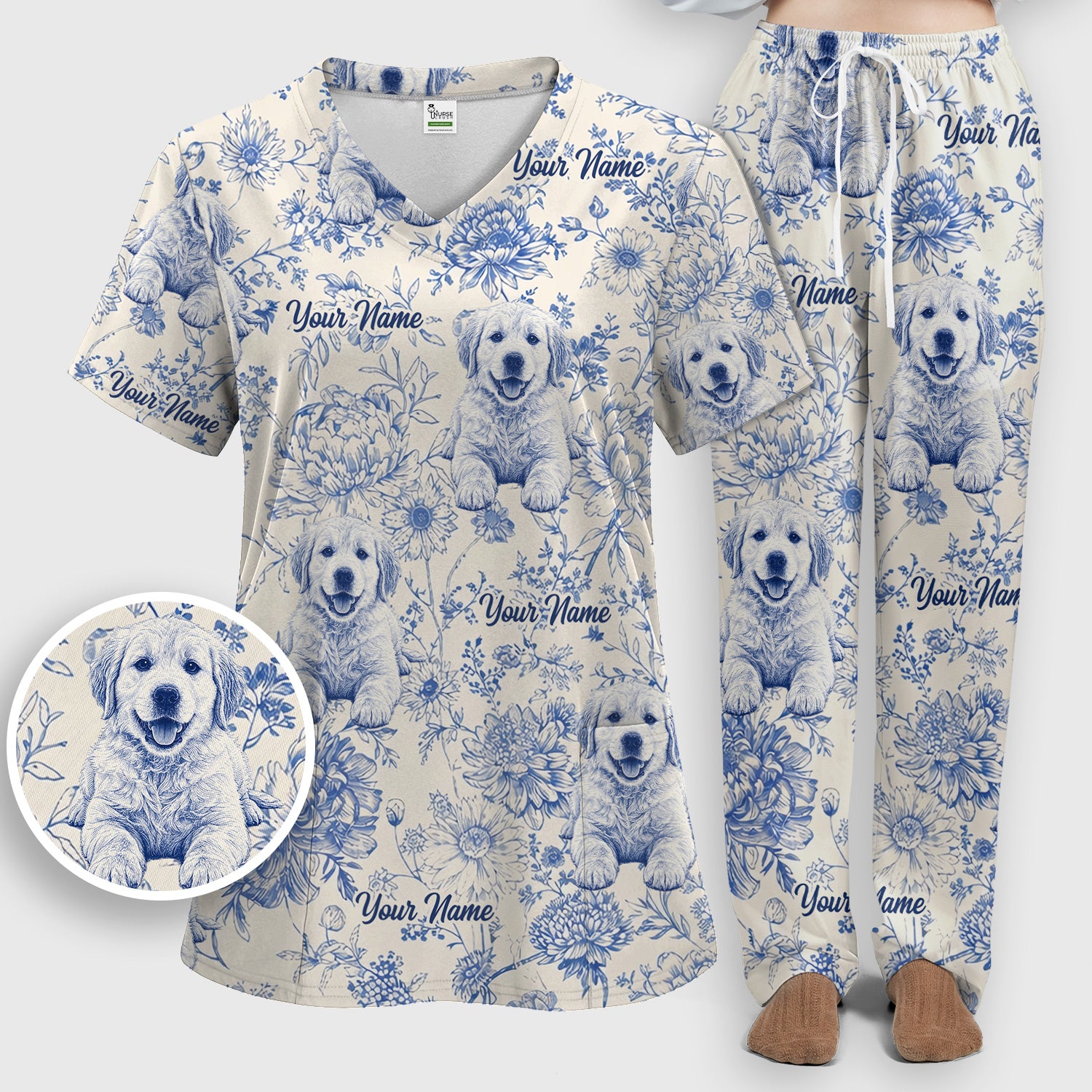 Personalized Custom Pet Photo Name Floral Pattern Scrub Set, Scrub Pants and V Neck Top