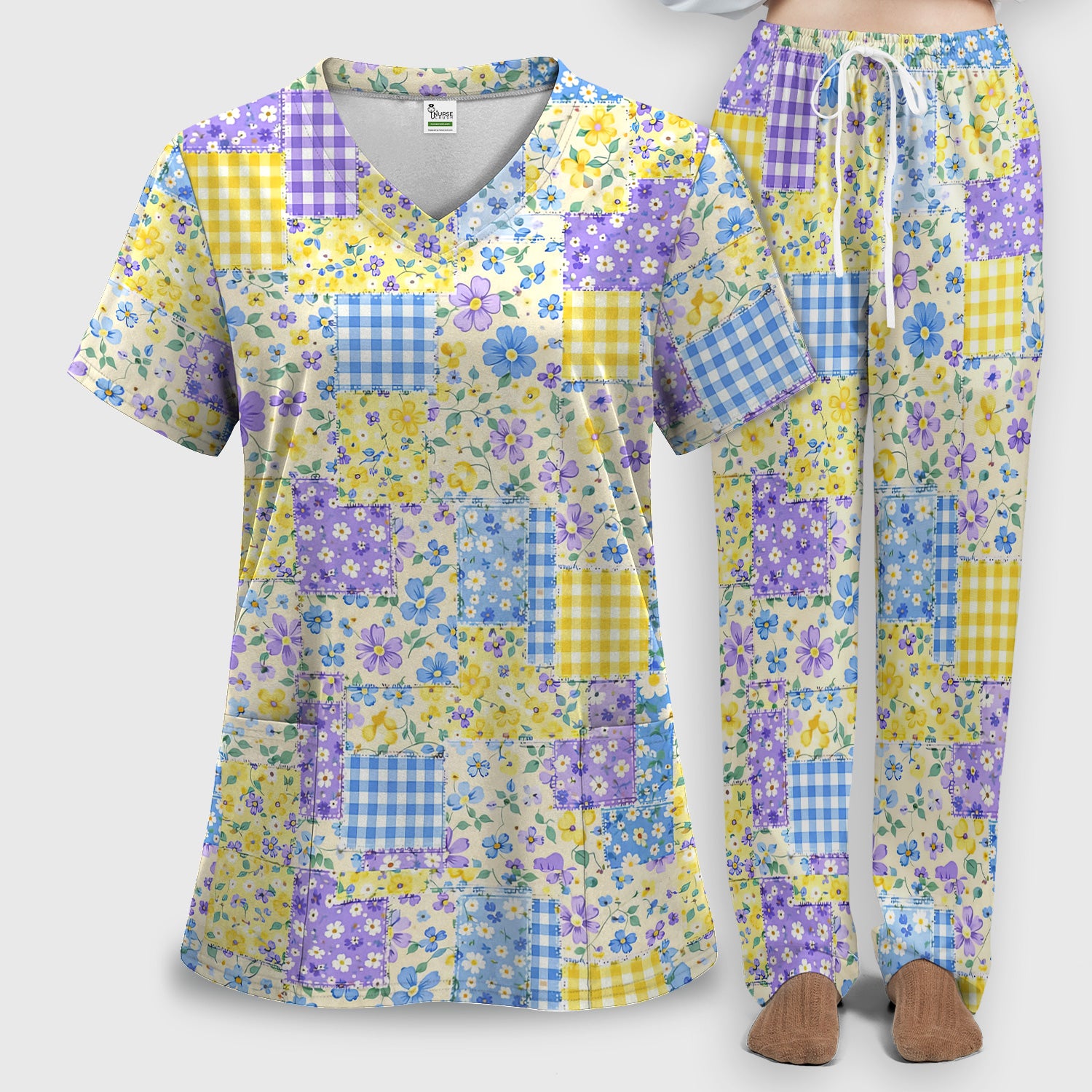 Cute Floral Patchwork Gingham Pattern Scrub Set, Women's Scrub Sets