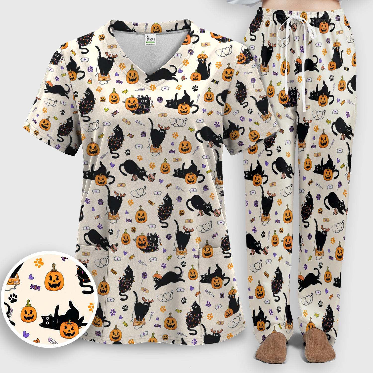 Pumpkin Black Cat Pattern Scrub Set, Scrub Pants and V Neck Top