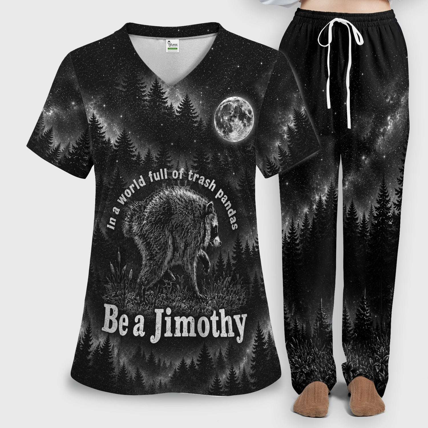 Funny Be A Jimothy Raccoon Print Scrub Set, Scrub Pants and V Neck Top