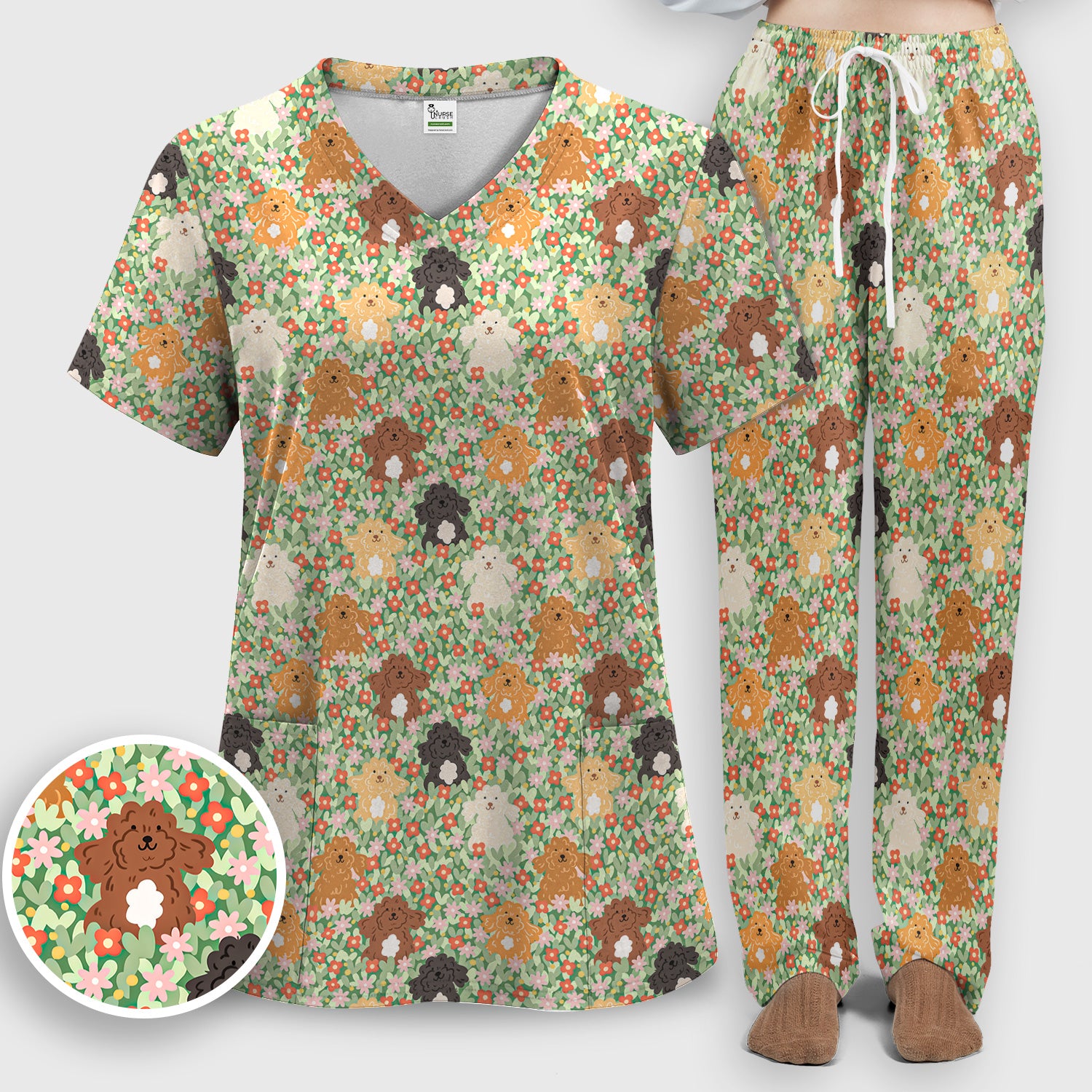 Cute Poodle Dogs Floral Pattern Scrubs Sets, Breathable Med Uniform