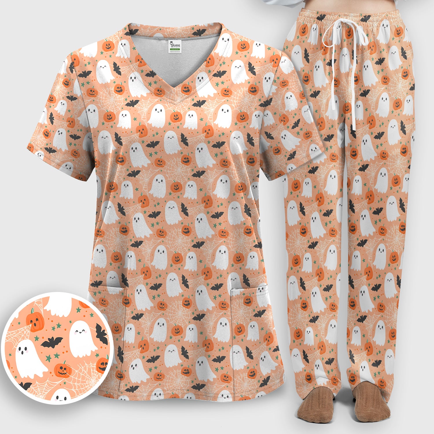 Cute Halloween Ghost And Pumpkin Scrub Set, Scrub Pants and V Neck Top