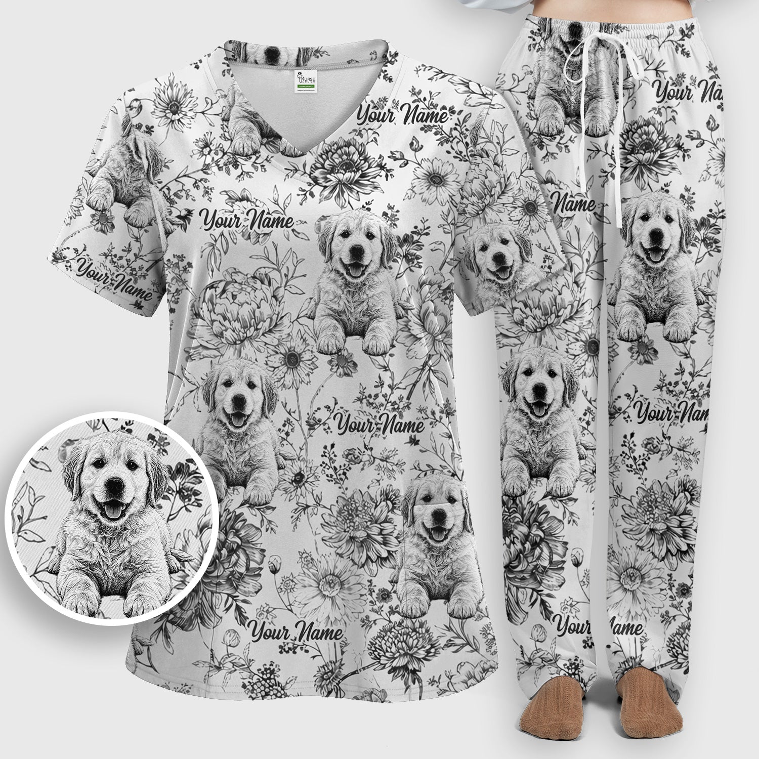Personalized Custom Pet Photo Name Floral Pattern Scrub Set, Scrub Pants and V Neck Top