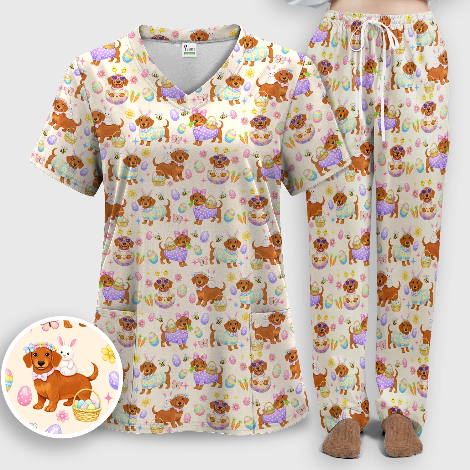Cute Easter Dachshund Dog Pattern Scrub Set, Scrub Pants and V Neck Top