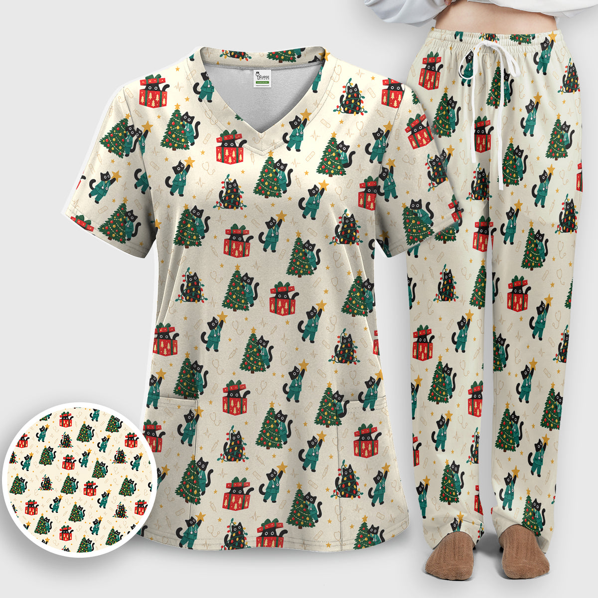 Christmas Black Nurse Cats And Trees Scrub Set, Scrub Pants and V Neck Top