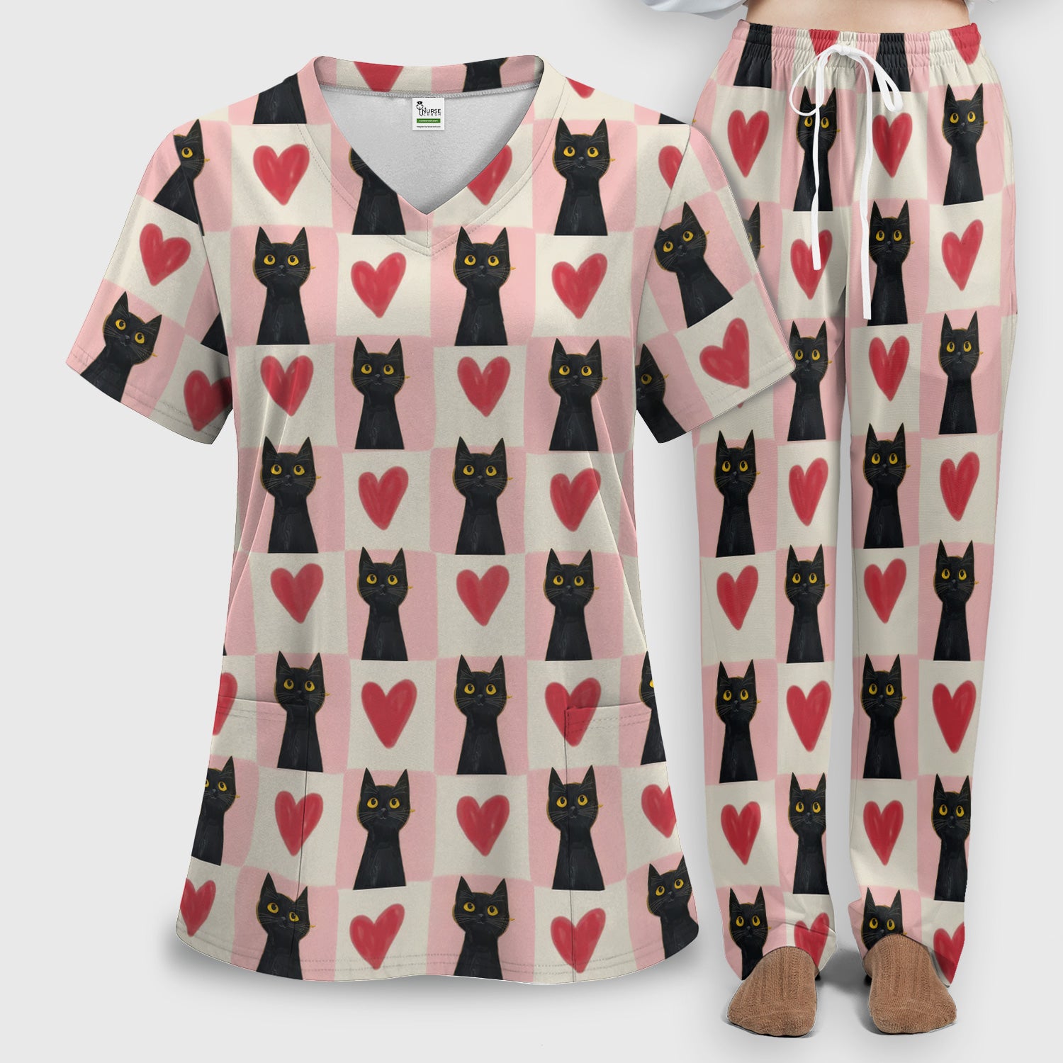 Cute Black Cat Heart Print Medical Scrub Set V Neck, Nursing Uniform