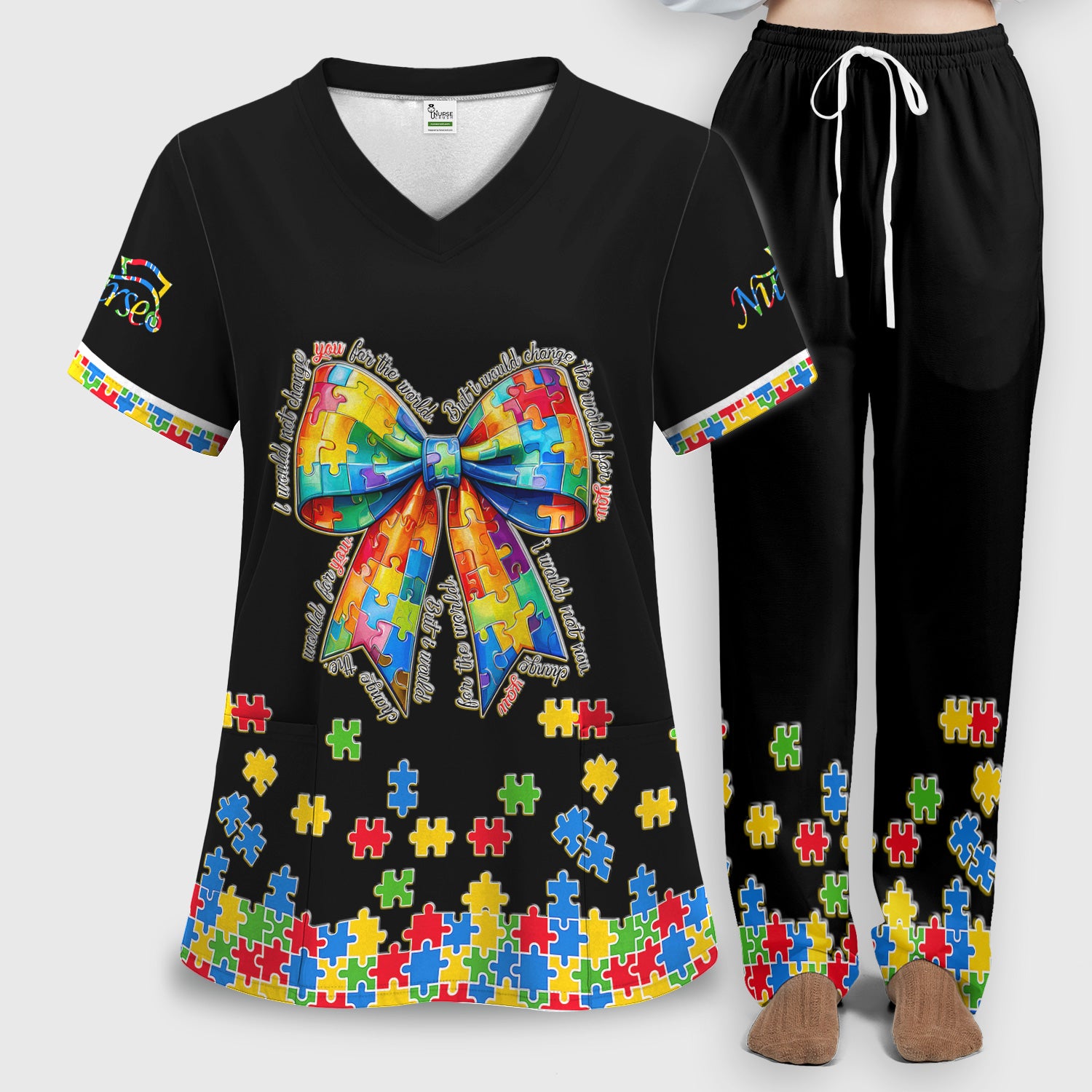 Autism Puzzle Bow Colorful Pieces Print Scrub Set, Breathable Med Uniform