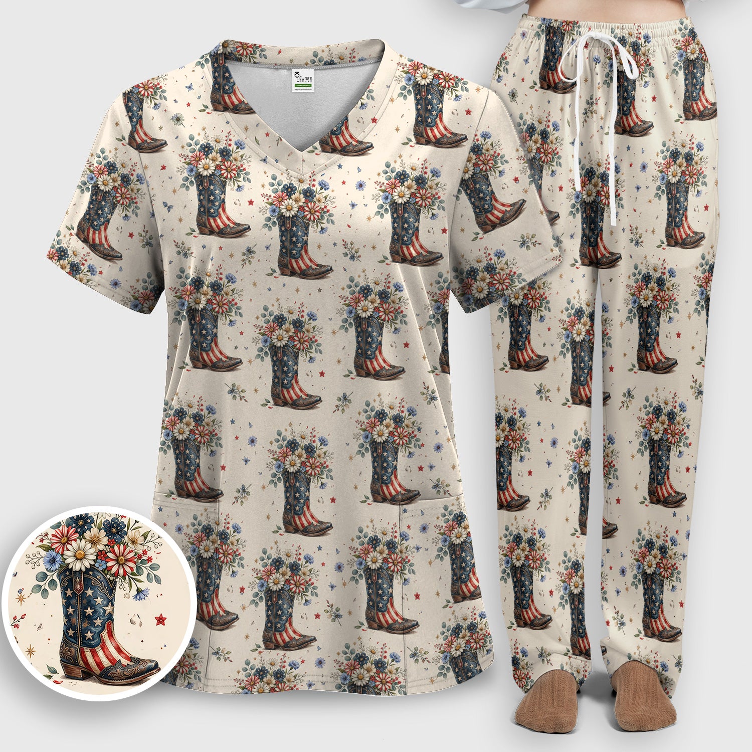 Festive Patriotic Cowboy Boots Flower Pattern Scrub Set, Scrub Pants and V Neck Top