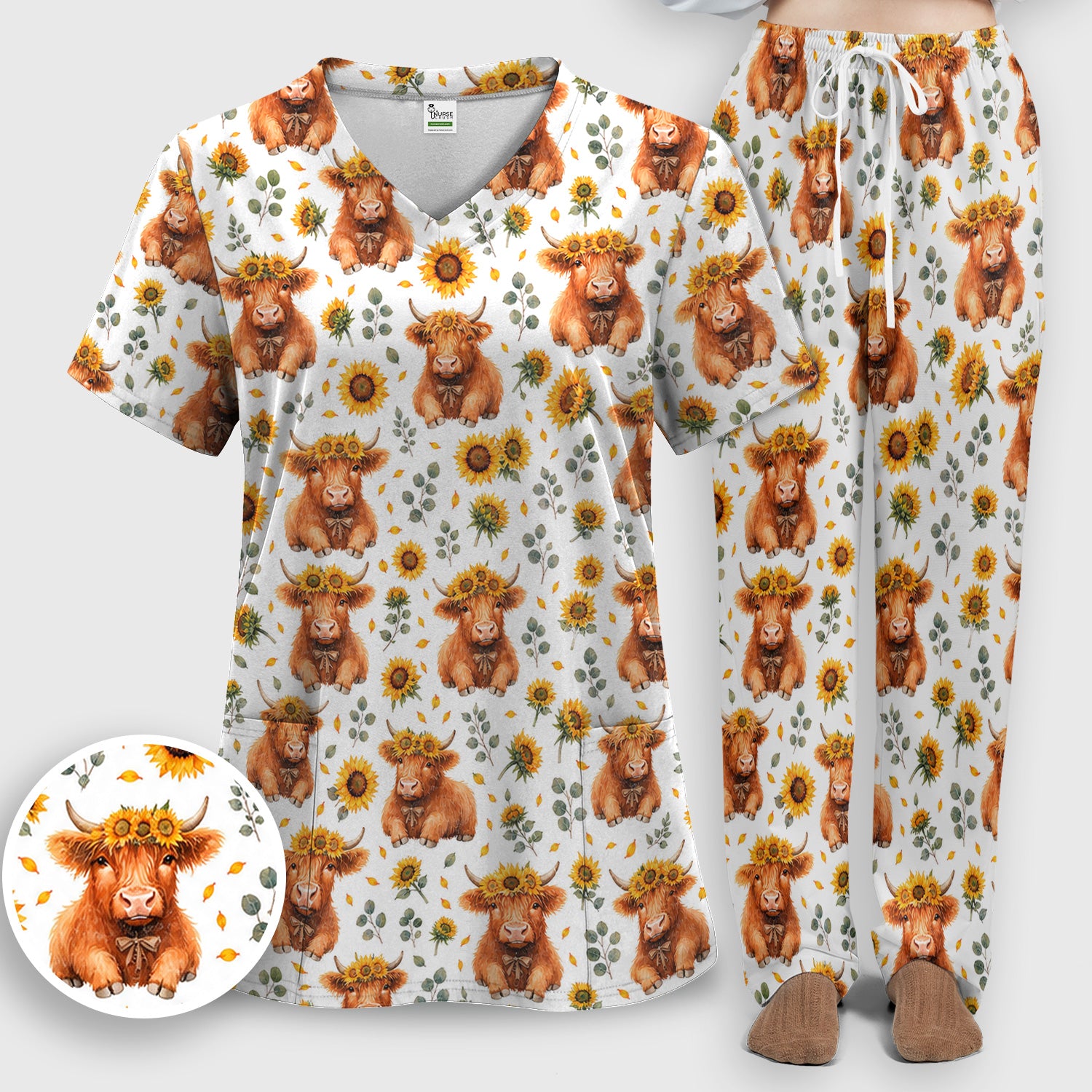 Rustic Highland Cow Floral Pattern Scrub Set, Scrub Pants and V Neck Top