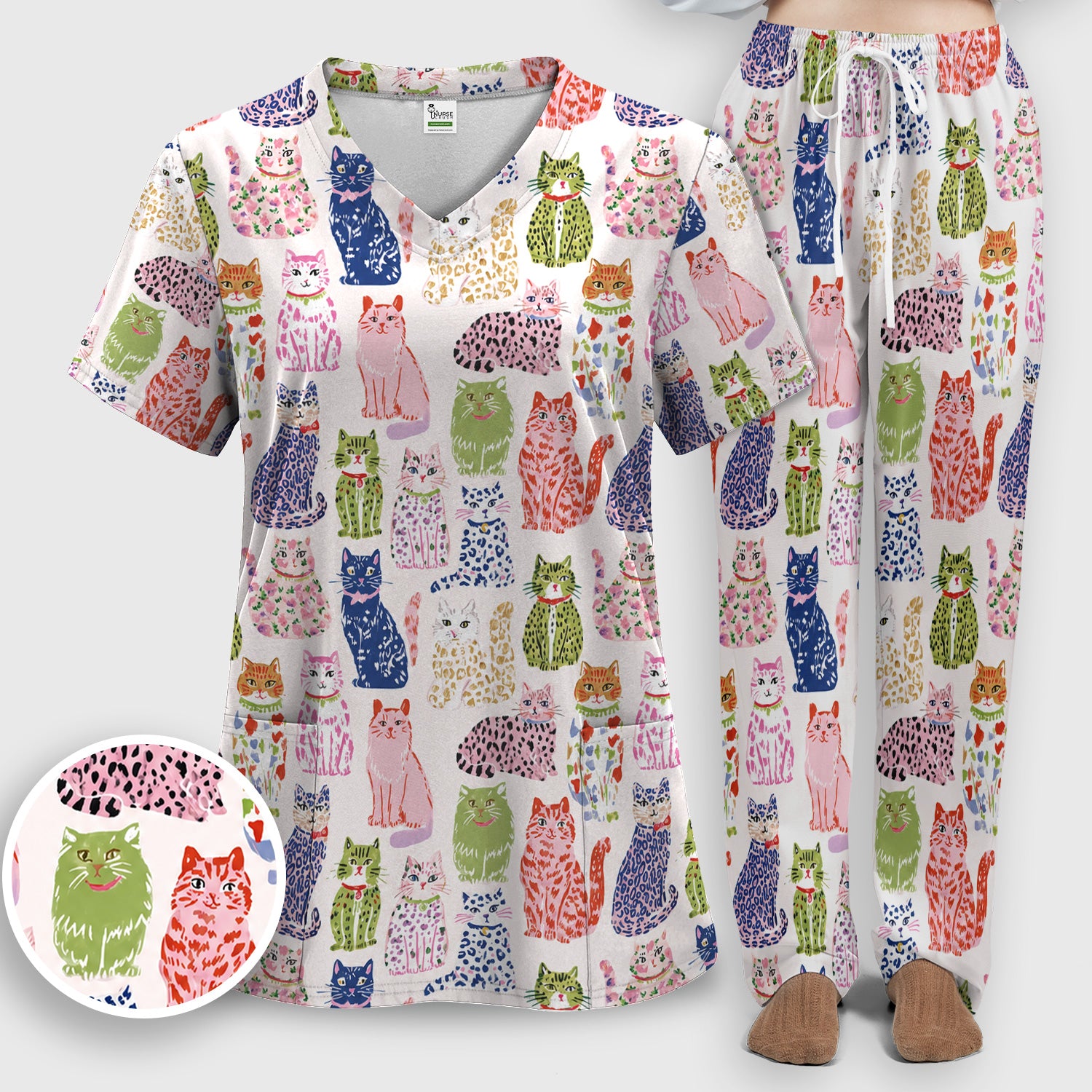 Colorful Cat with Playful Pet Scrub Set, Scrub Pants and V Neck Top